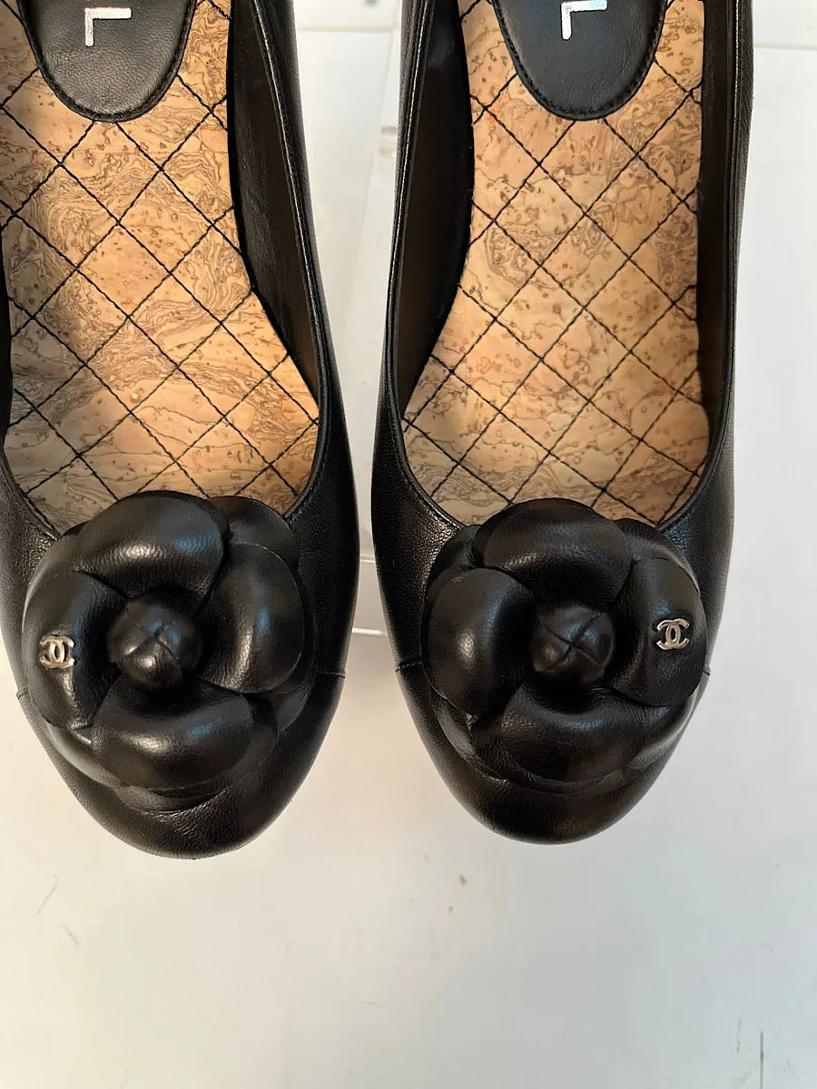 Chanel 14C 2014 Cruise Resort black leather camellia cork heel wedges EU 38C US 7.5B/8