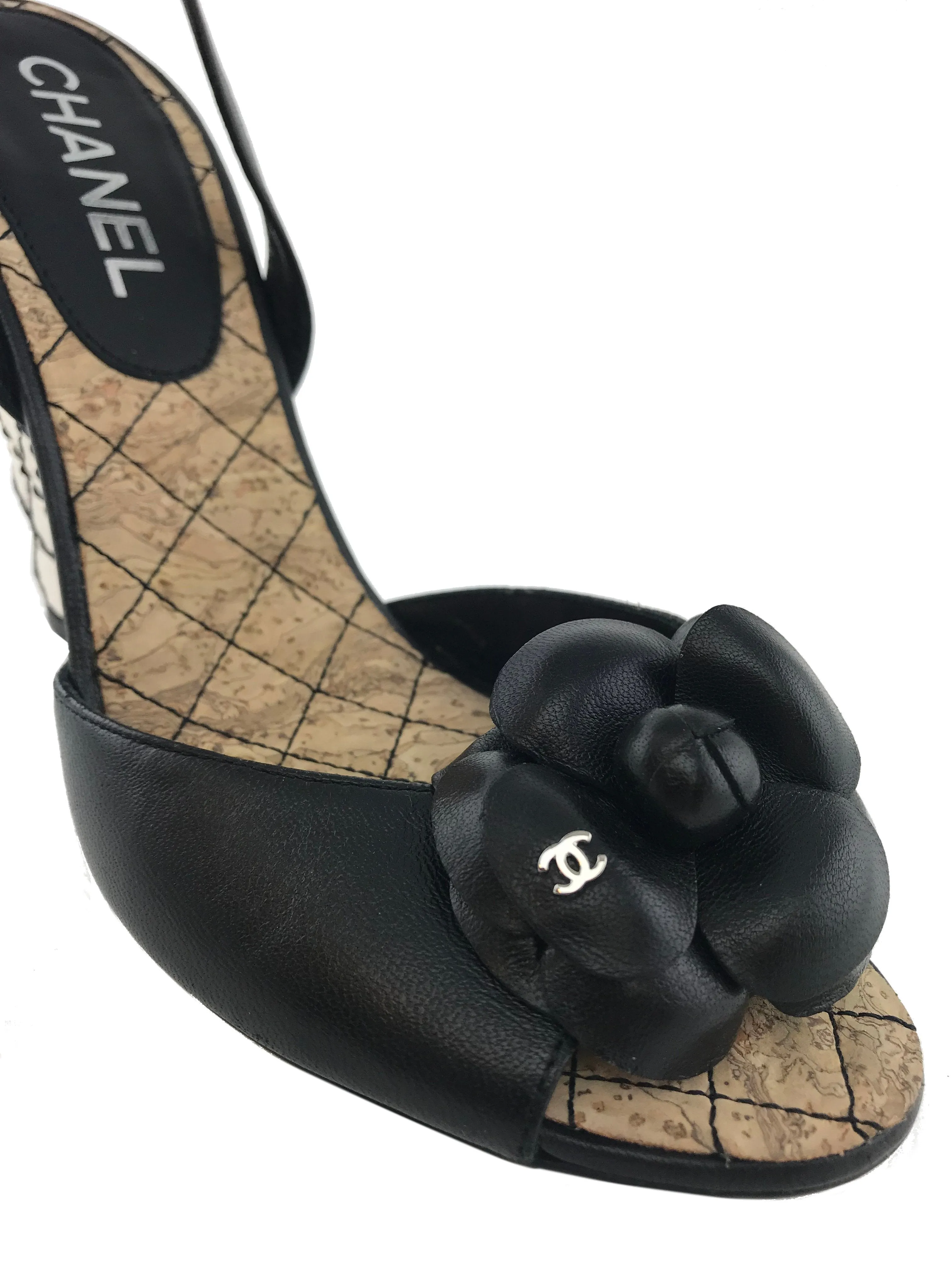 Chanel 14C Camellia Quilted Cork Wedge Slingback Sandals Size 7.5