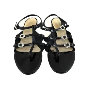 Chanel Black Camellia Flower Accent T Strap Patent Leather Sandals 37 US 7