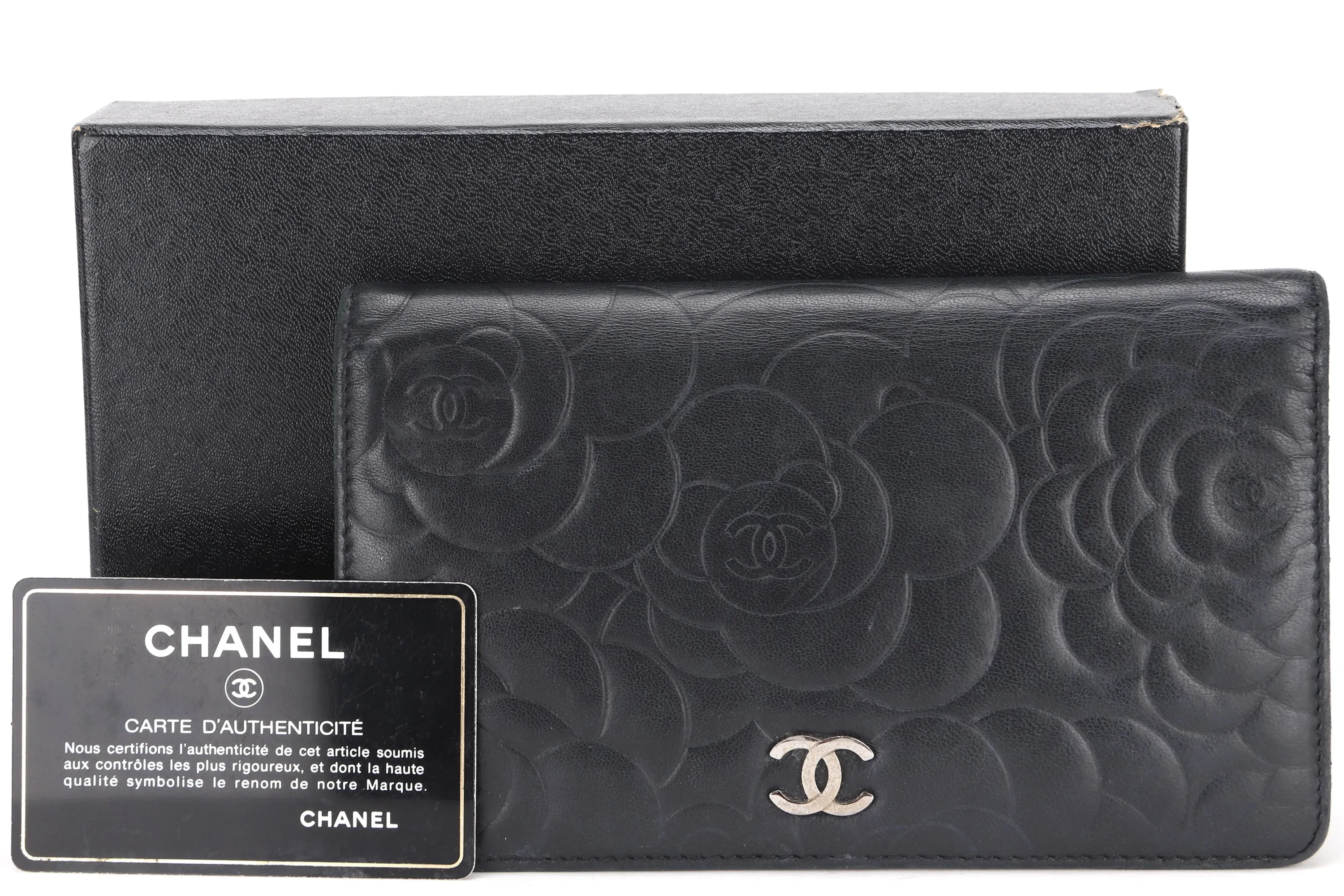 CHANEL CAMELLIA BLACK LAMBSKIN LEATHER LONG WALLET (1671xxxx) SILVER HARDWARE, WITH CARD & BOX