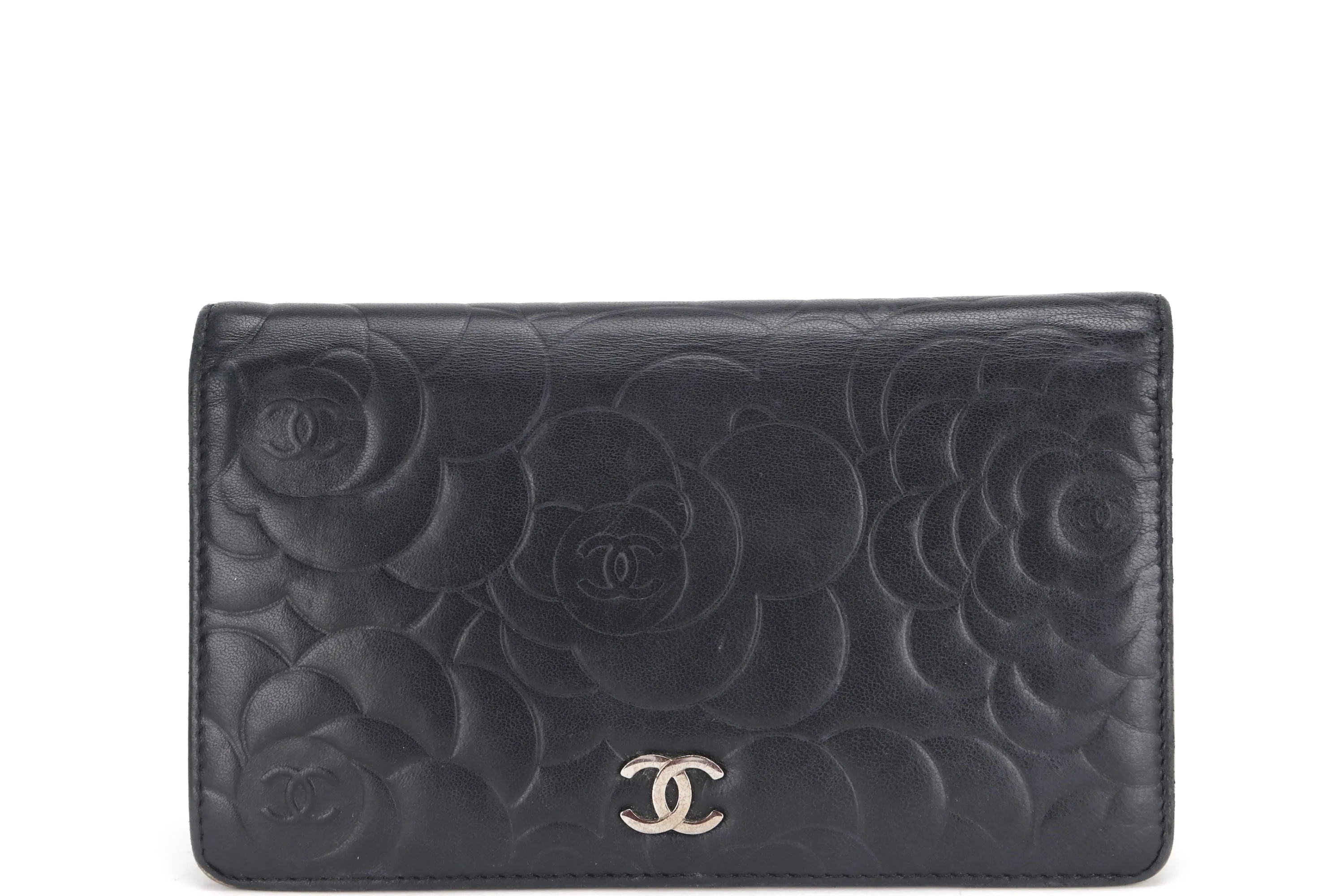 CHANEL CAMELLIA BLACK LAMBSKIN LEATHER LONG WALLET (1671xxxx) SILVER HARDWARE, WITH CARD & BOX