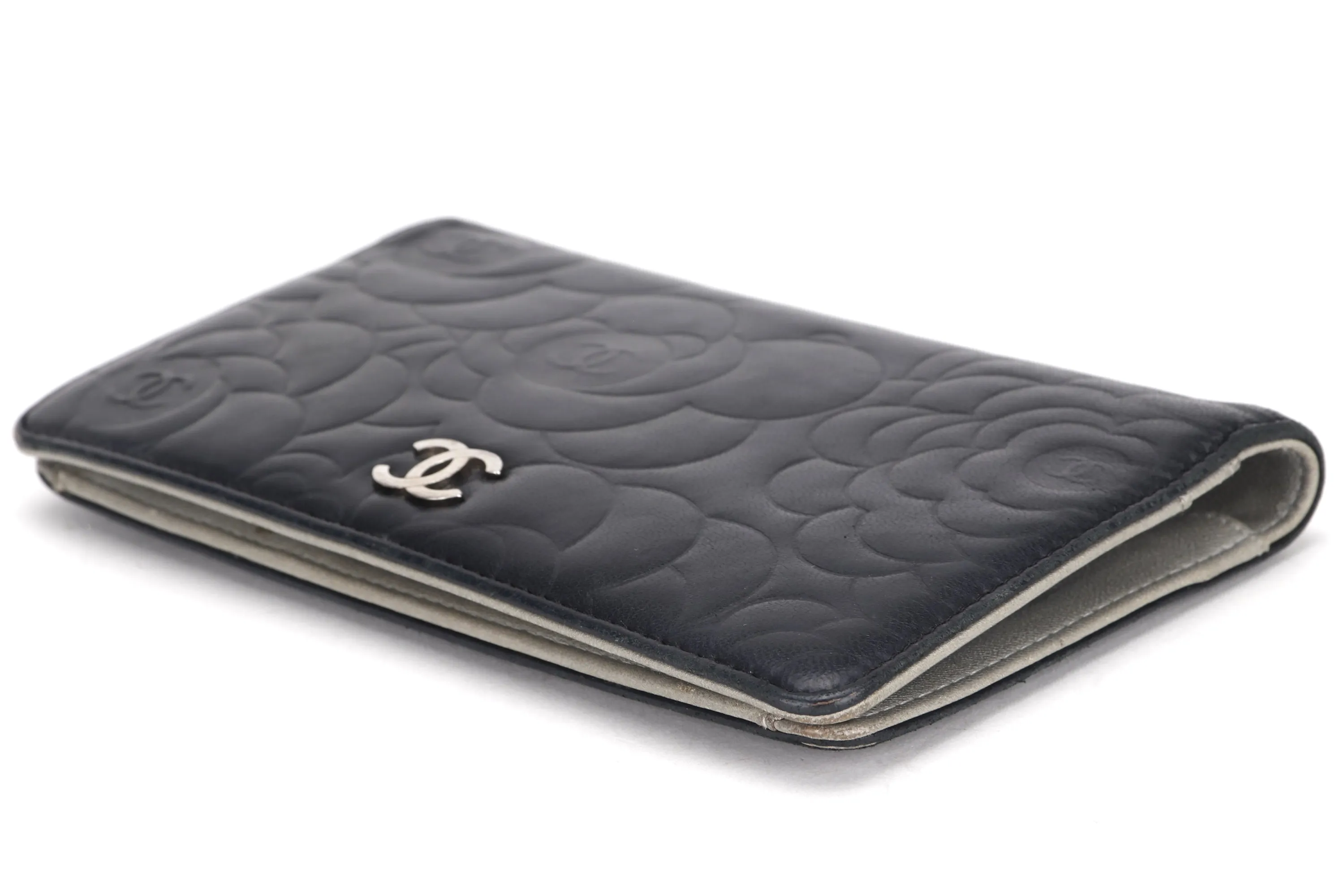 CHANEL CAMELLIA BLACK LAMBSKIN LEATHER LONG WALLET (1671xxxx) SILVER HARDWARE, WITH CARD & BOX