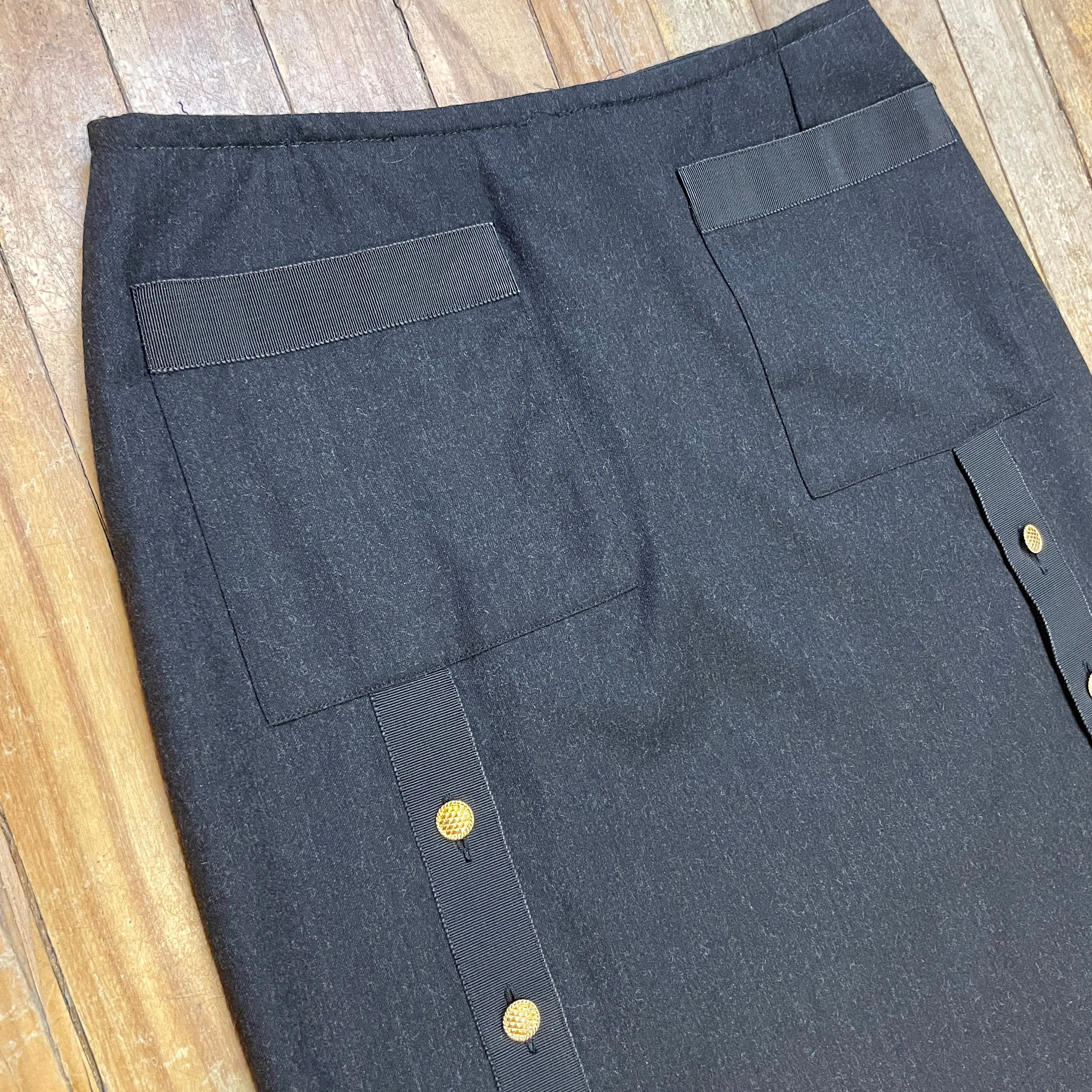 Chanel Paris Designer Vintage Charcoal Grey Skirt With Golden Button Accents 29" Waist