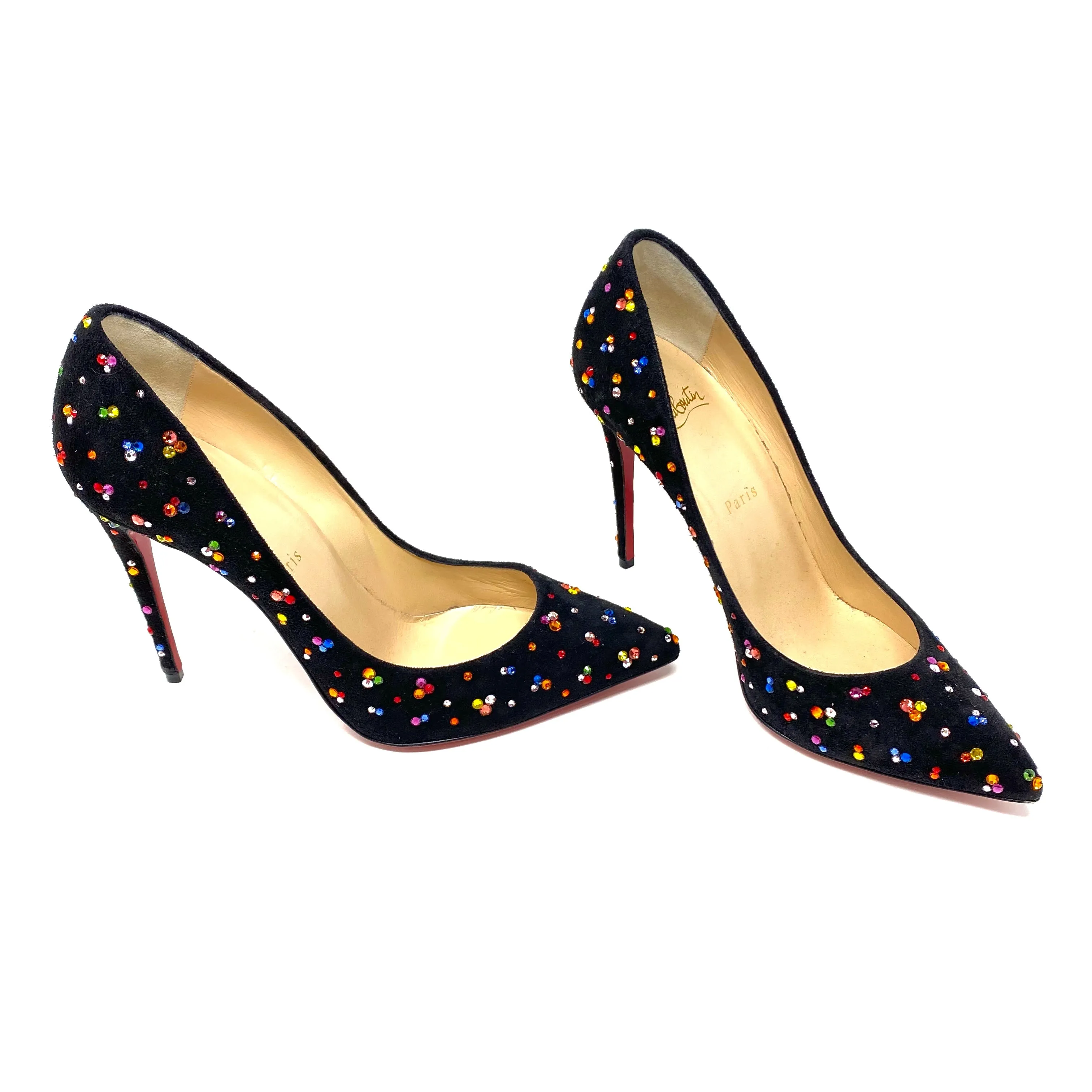 Christian Louboutin 100mm Pumps Black Suede Multi Crystal 38 | 7.5