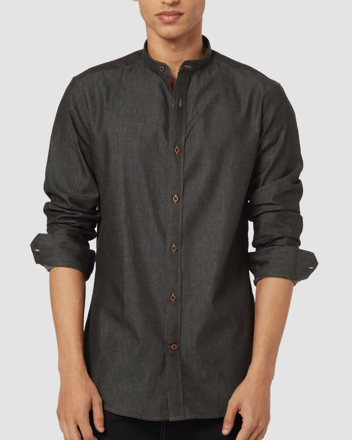 Contrast Stitched Denim Shirt - Black