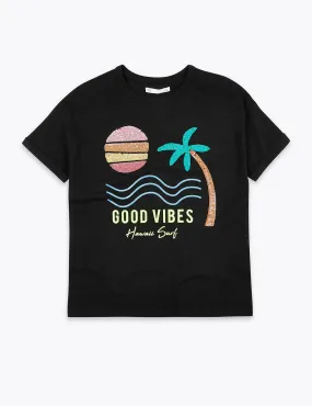 Cotton Good Vibes Slogan Sequin T-Shirt