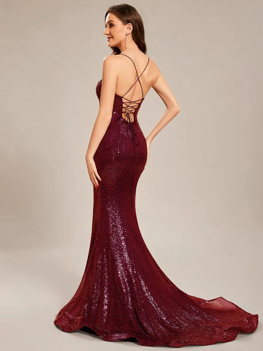 Custom Size Sequin Lace-up Back High Slit Mermaid Prom Dress