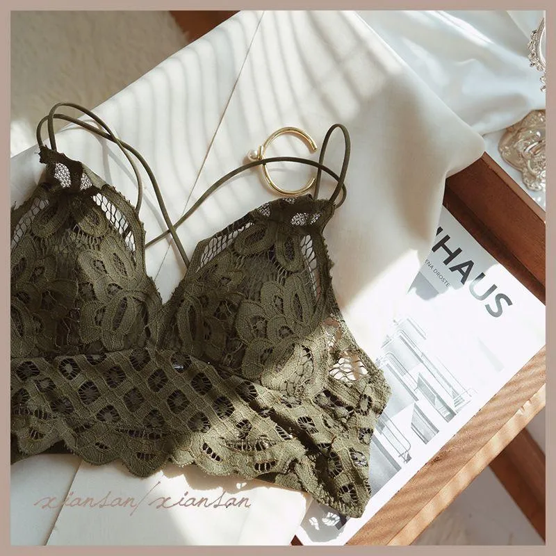 Double Straps Back Criss Cross Scalloped Flower Crochet Lace Bralette