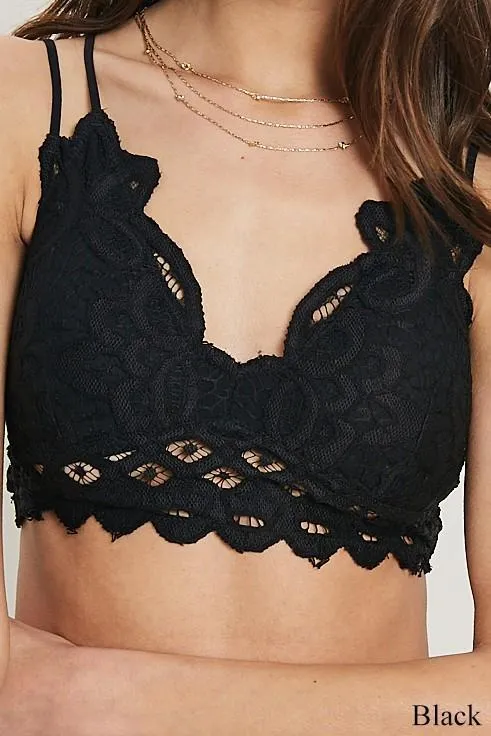 Double Straps Back Criss Cross Scalloped Flower Crochet Lace Bralette