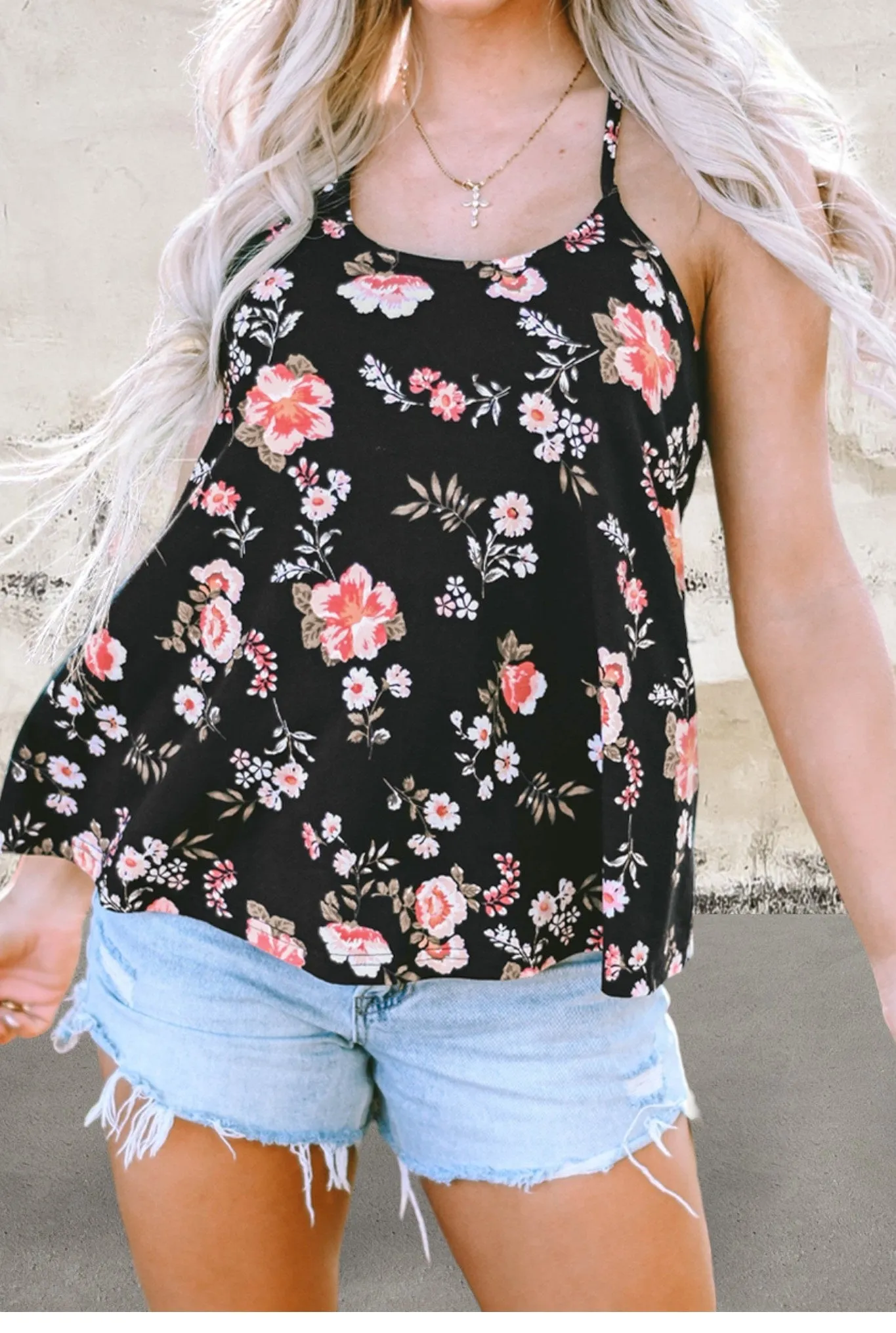 Floral Spaghetti Straps Strappy Back Top