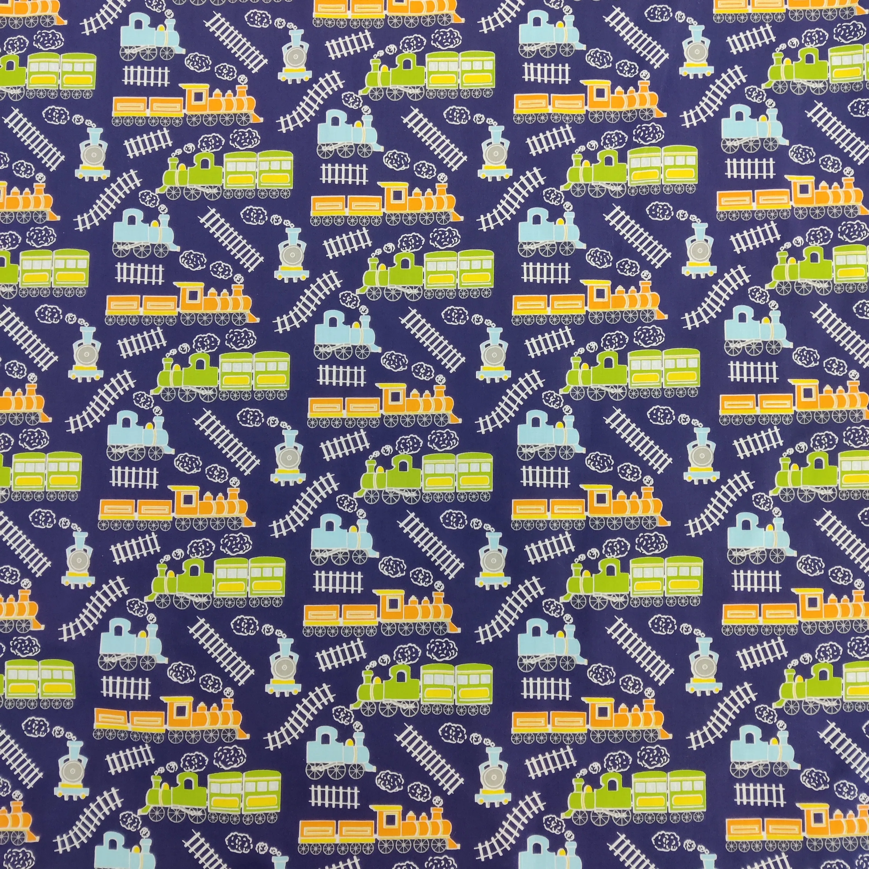 FS771_1 Train Track Poly Cotton Fabric Navy