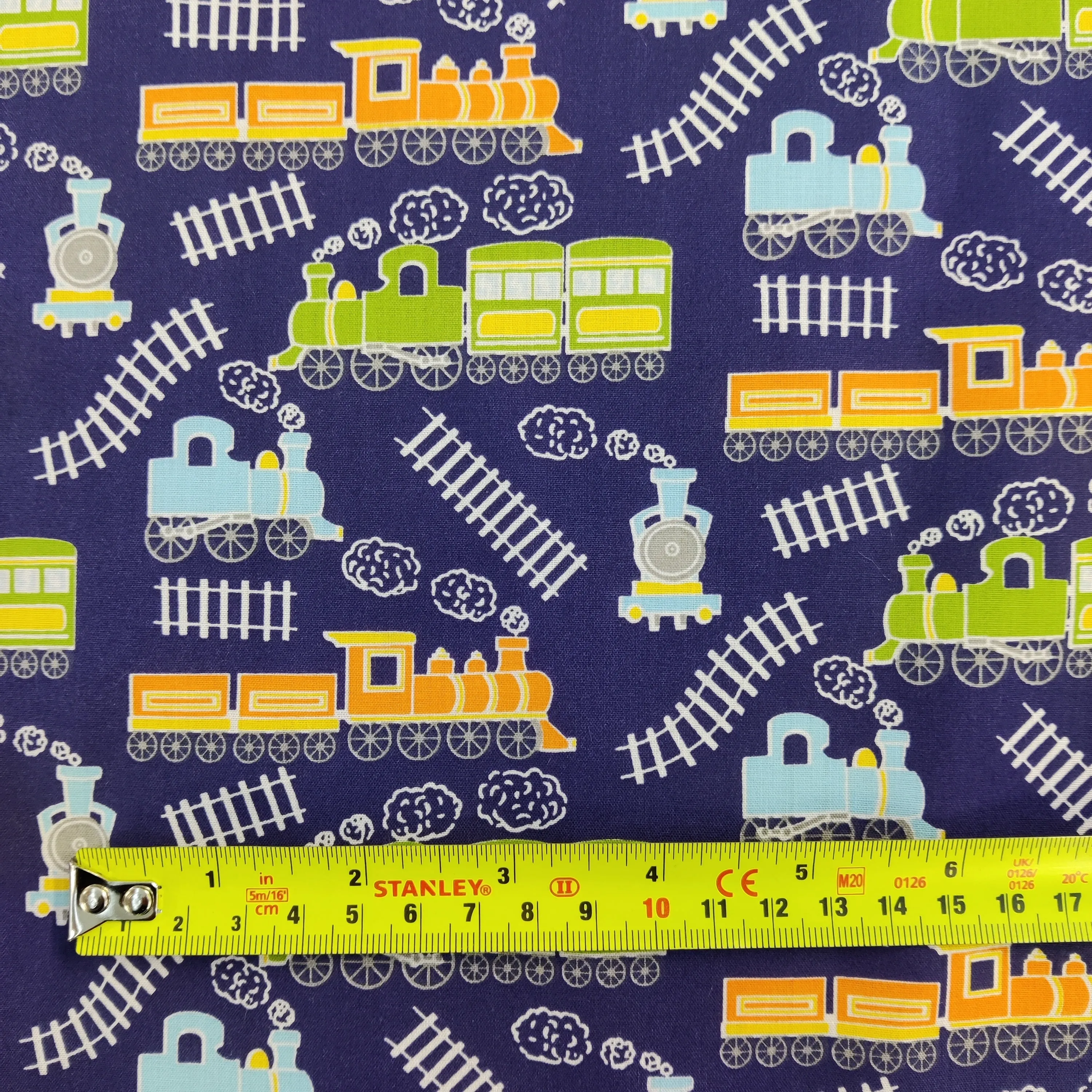 FS771_1 Train Track Poly Cotton Fabric Navy