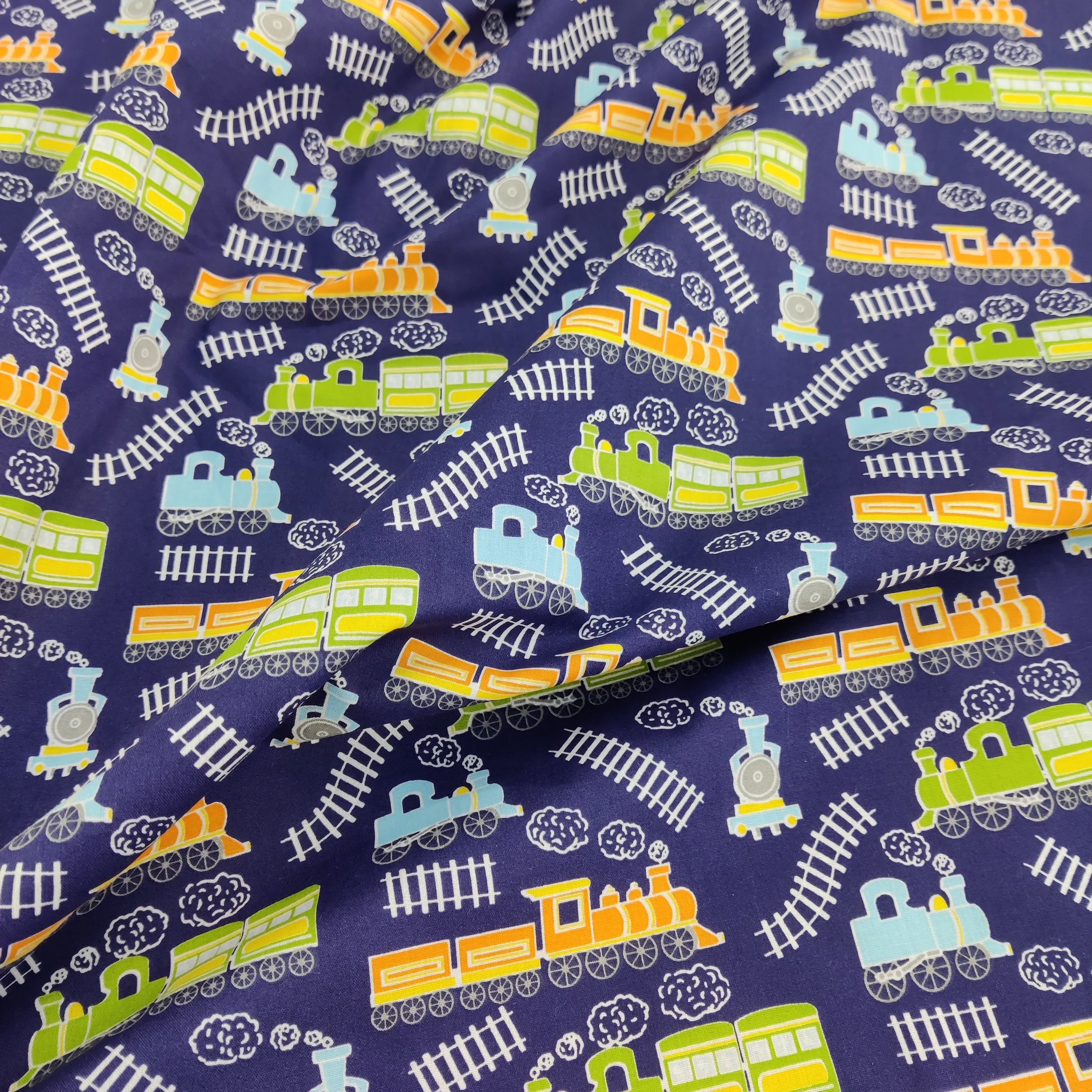 FS771_1 Train Track Poly Cotton Fabric Navy