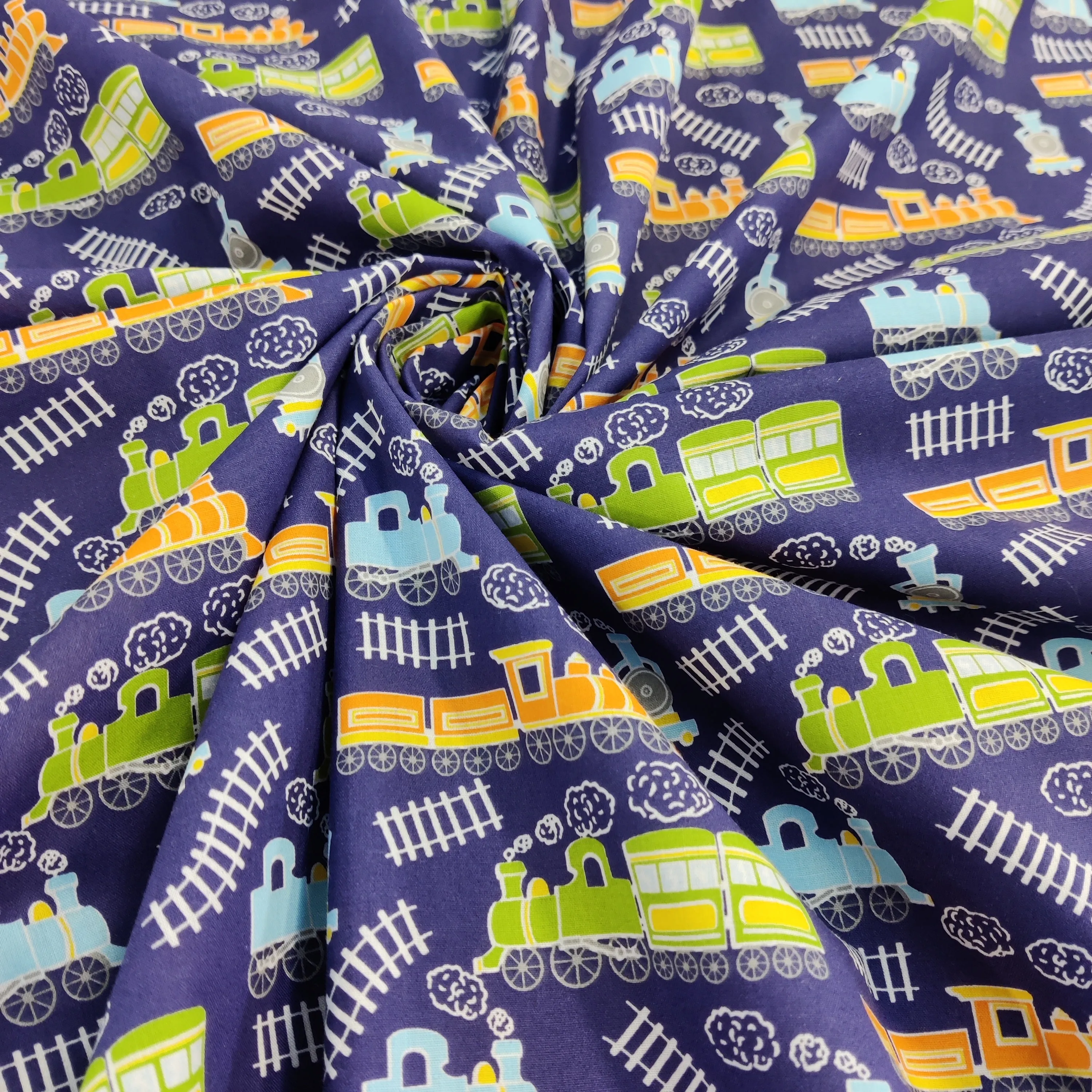 FS771_1 Train Track Poly Cotton Fabric Navy