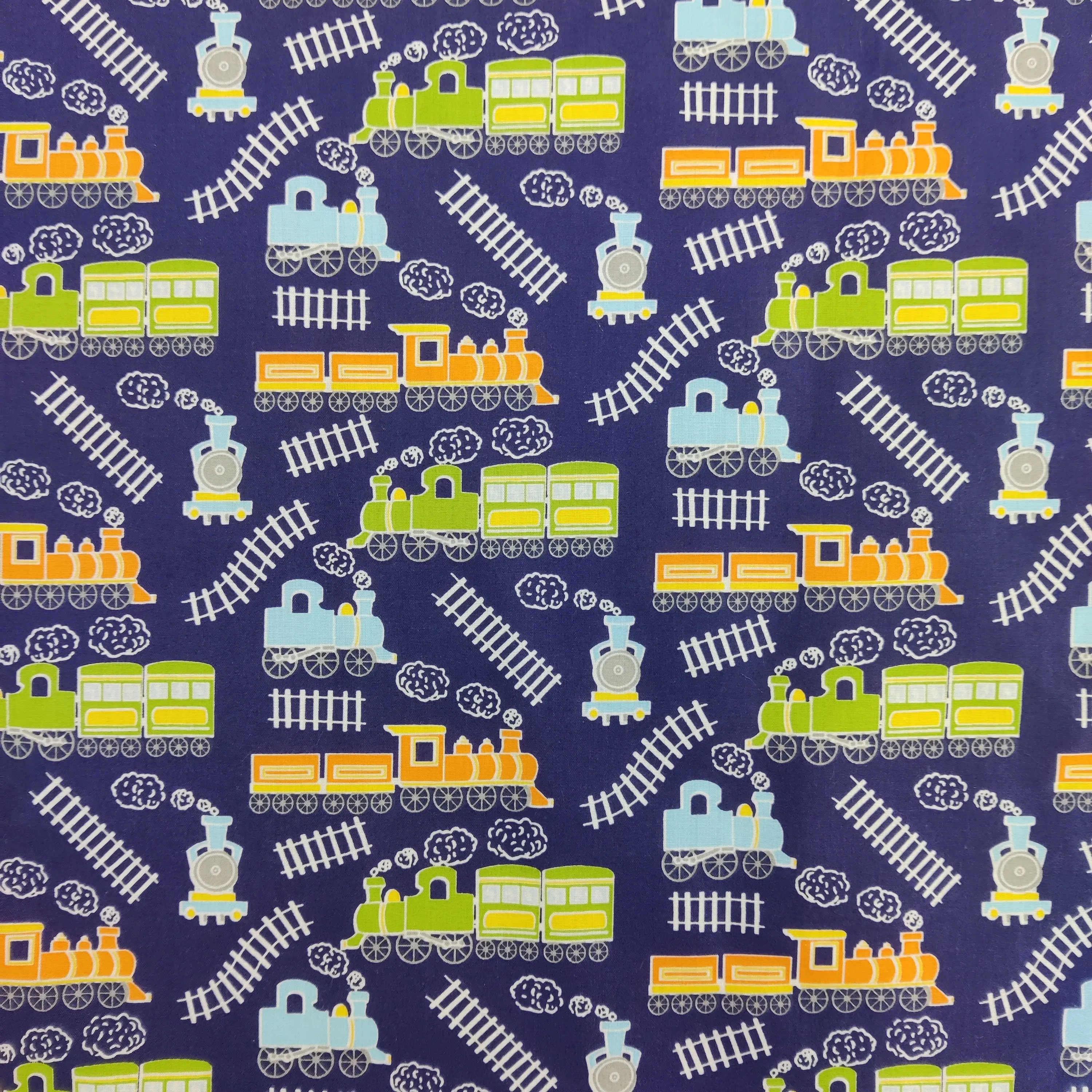 FS771_1 Train Track Poly Cotton Fabric Navy