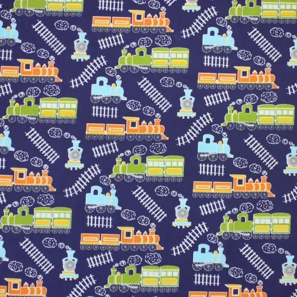 FS771_1 Train Track Poly Cotton Fabric Navy