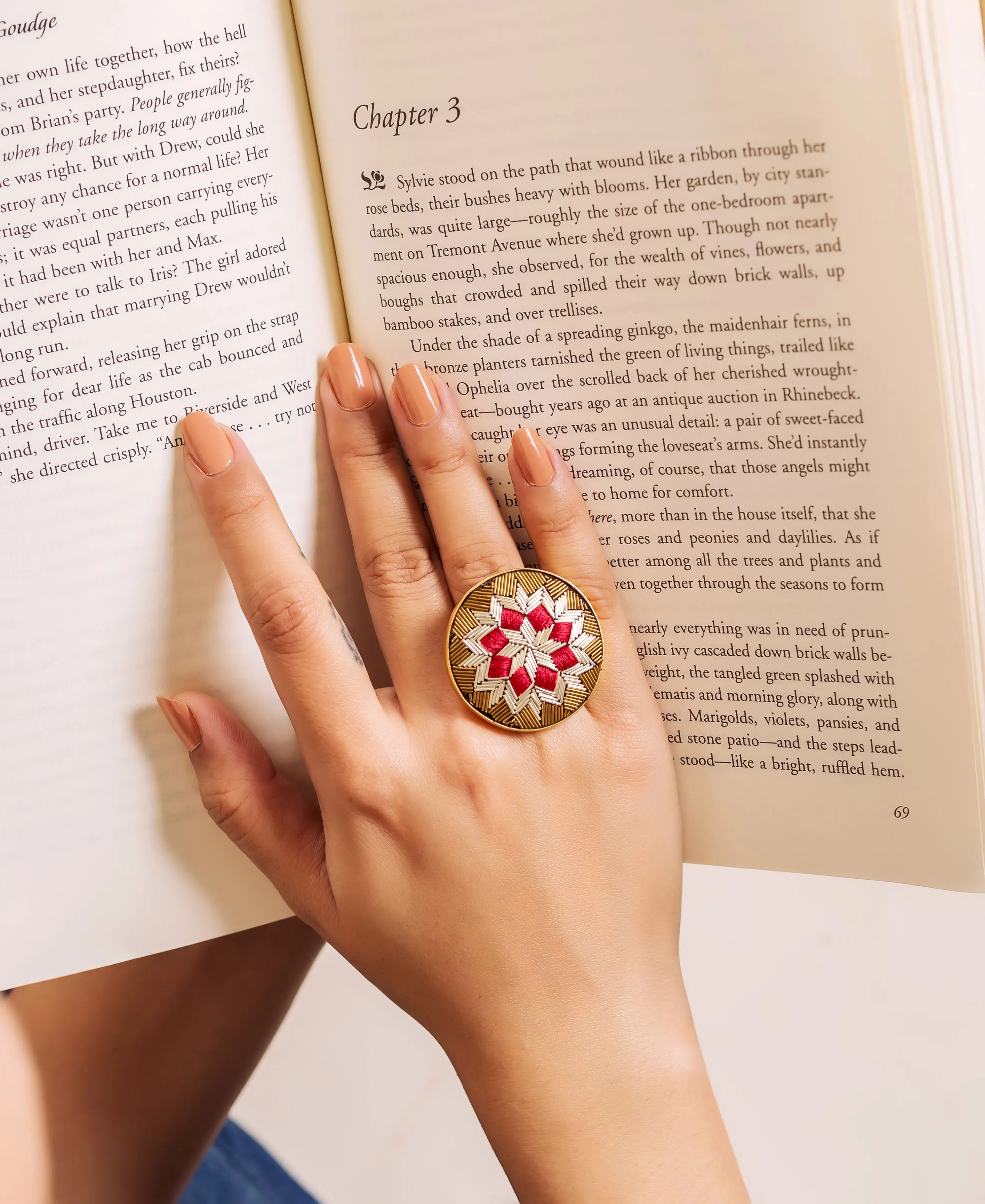 Hand Embroidered Red And Gold Grand Ring