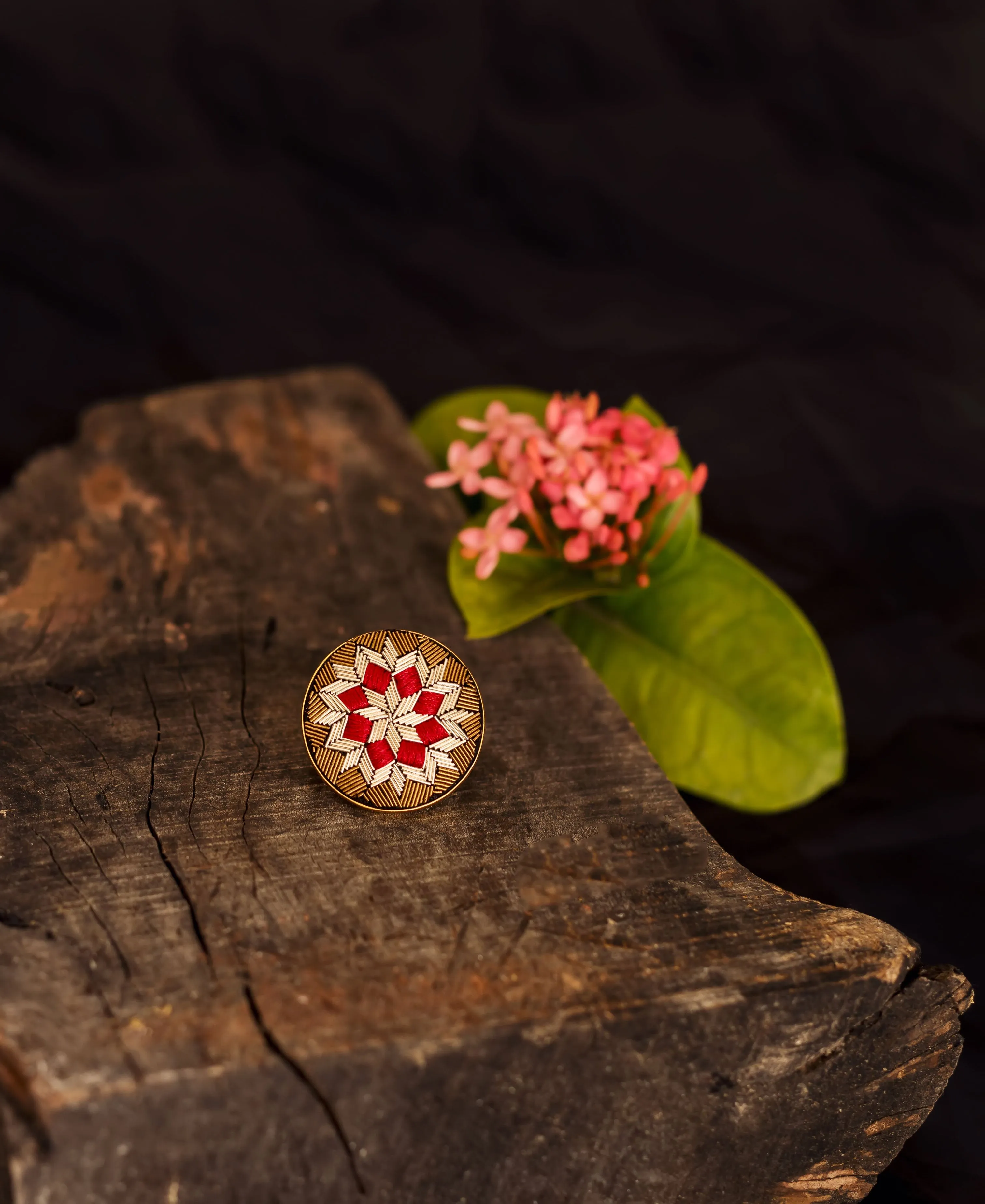 Hand Embroidered Red And Gold Grand Ring