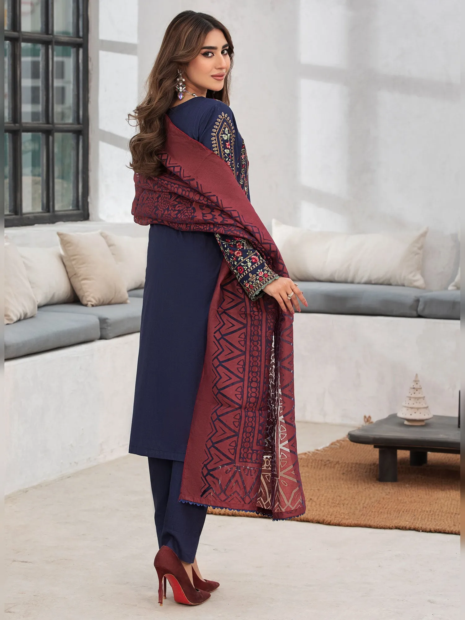 Heera's Navy Cambric Cotton Embroidered Formal Suit