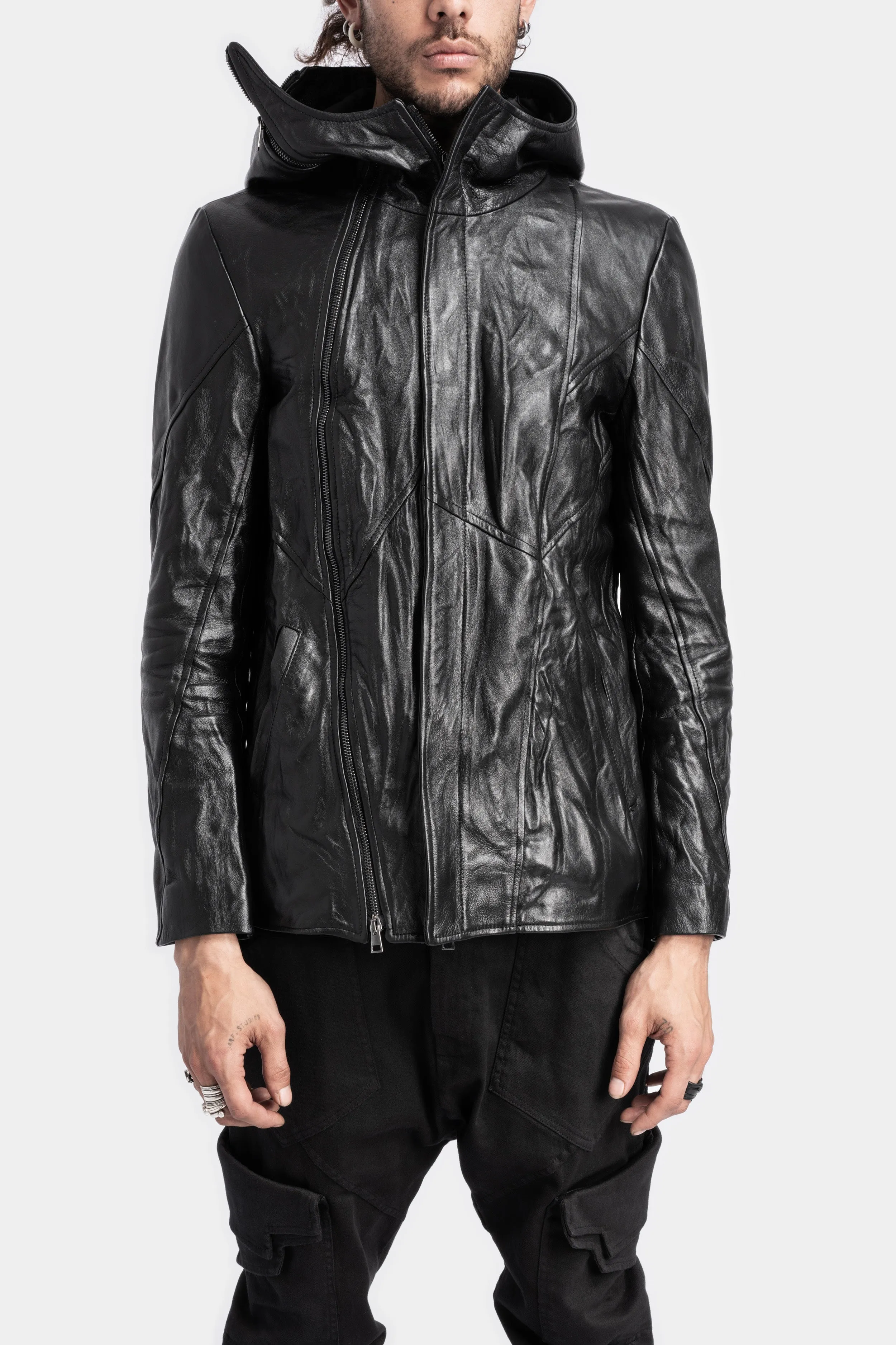 Hooded asymmetric leather jacket