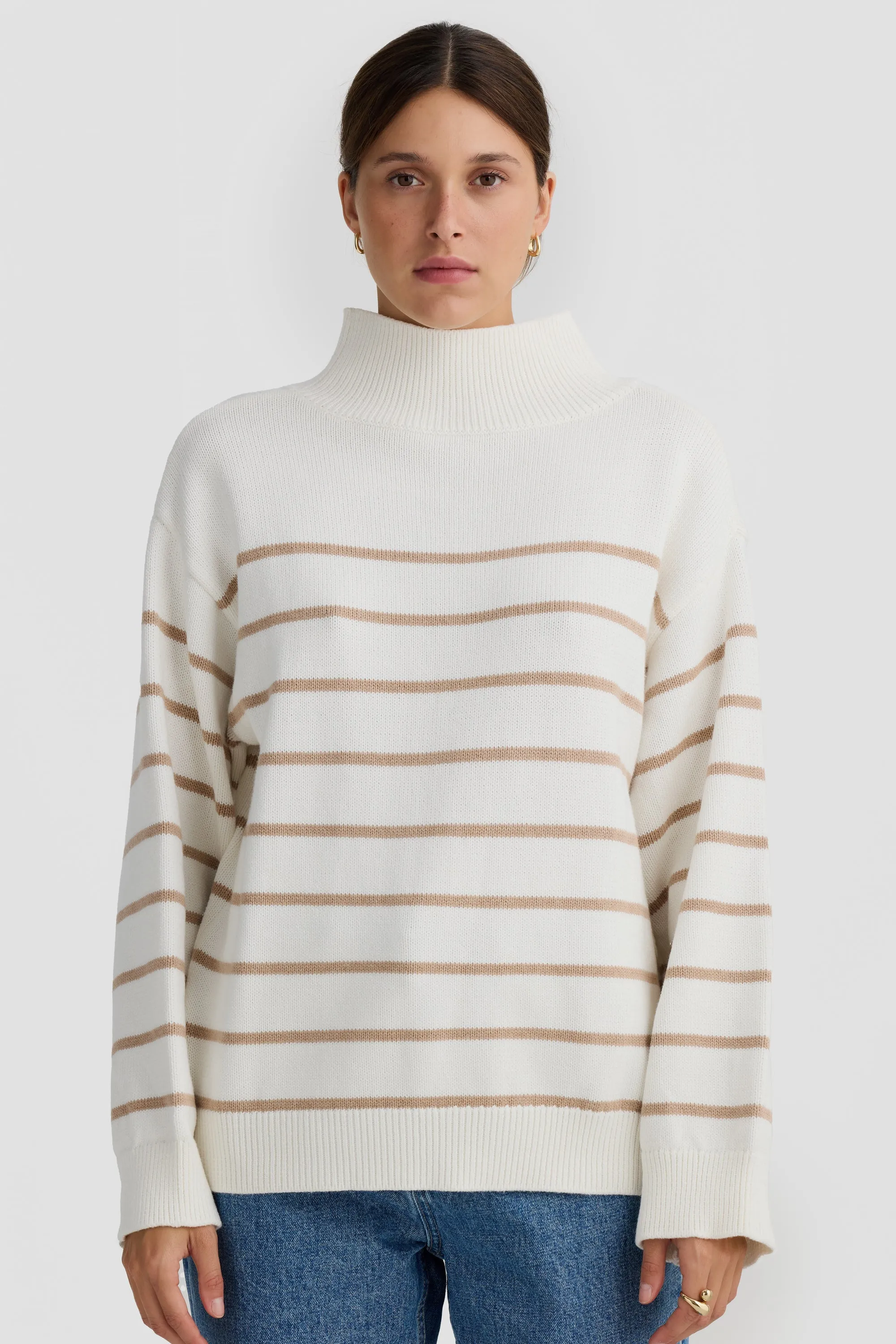 Joanie Turtle Neck Knit Sweater White and Sand