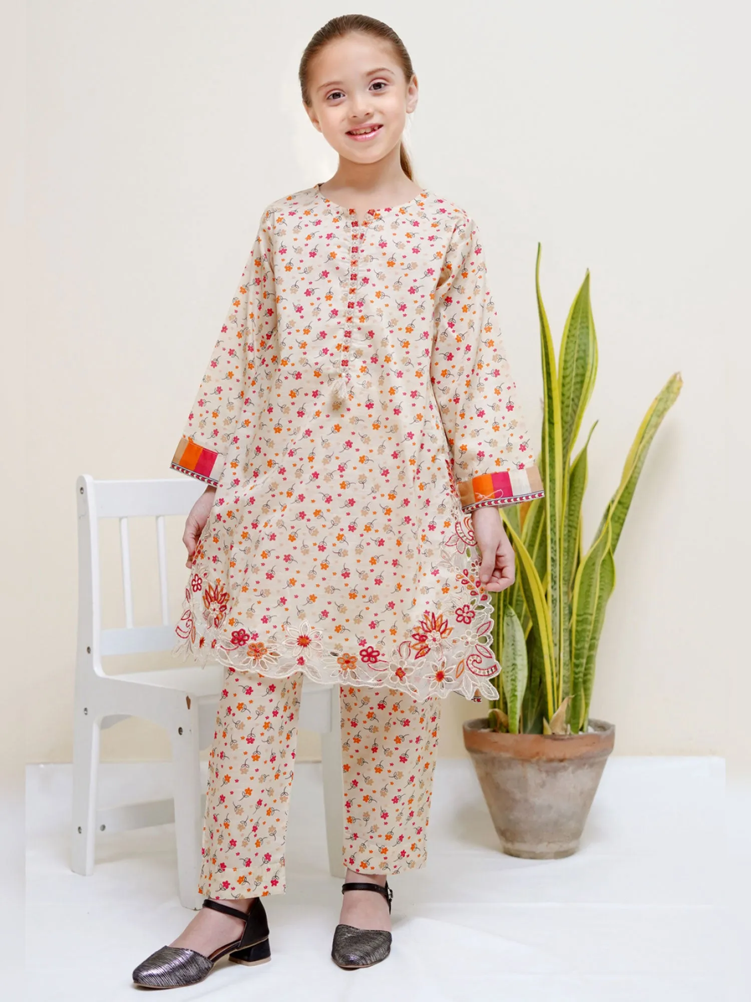 Kids Cream Coords Embroidered Lawn 2-Piece Suit