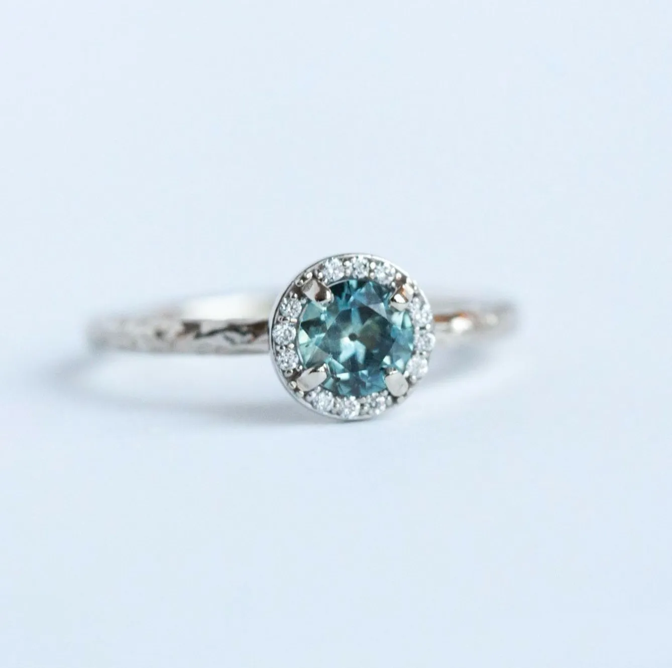 Light Teal Montana Sapphire in White Gold Diamond Halo - Hand Carved Eclectic Band and Antique-inspired setting - Sapphire Engagement Ring by Anueva Jewelry