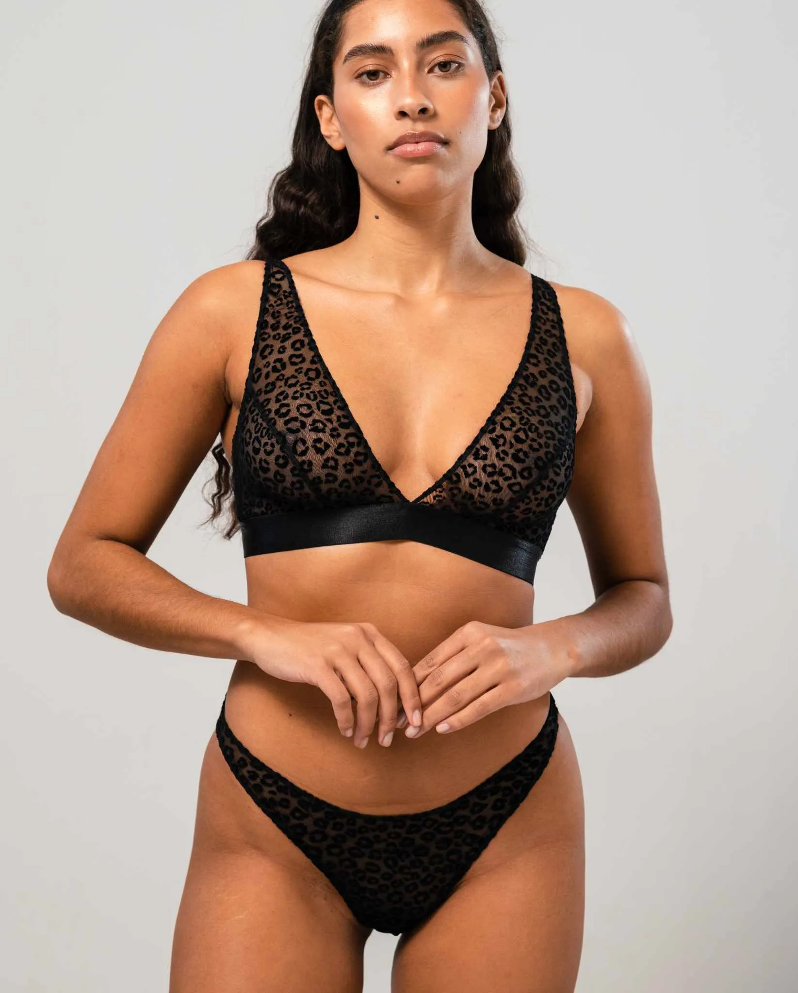 Mesh Plunge Bralette Black Leopard