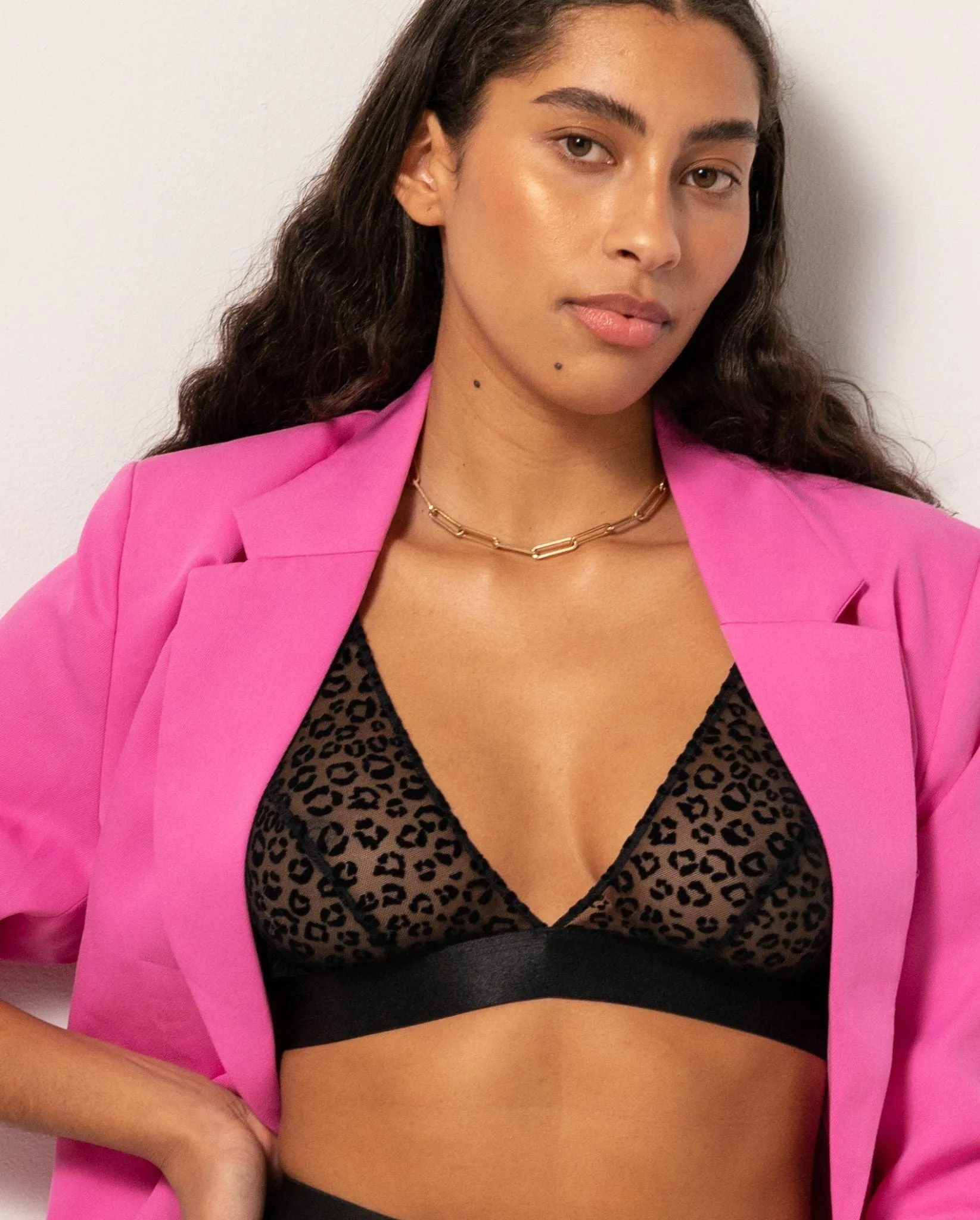 Mesh Plunge Bralette Black Leopard