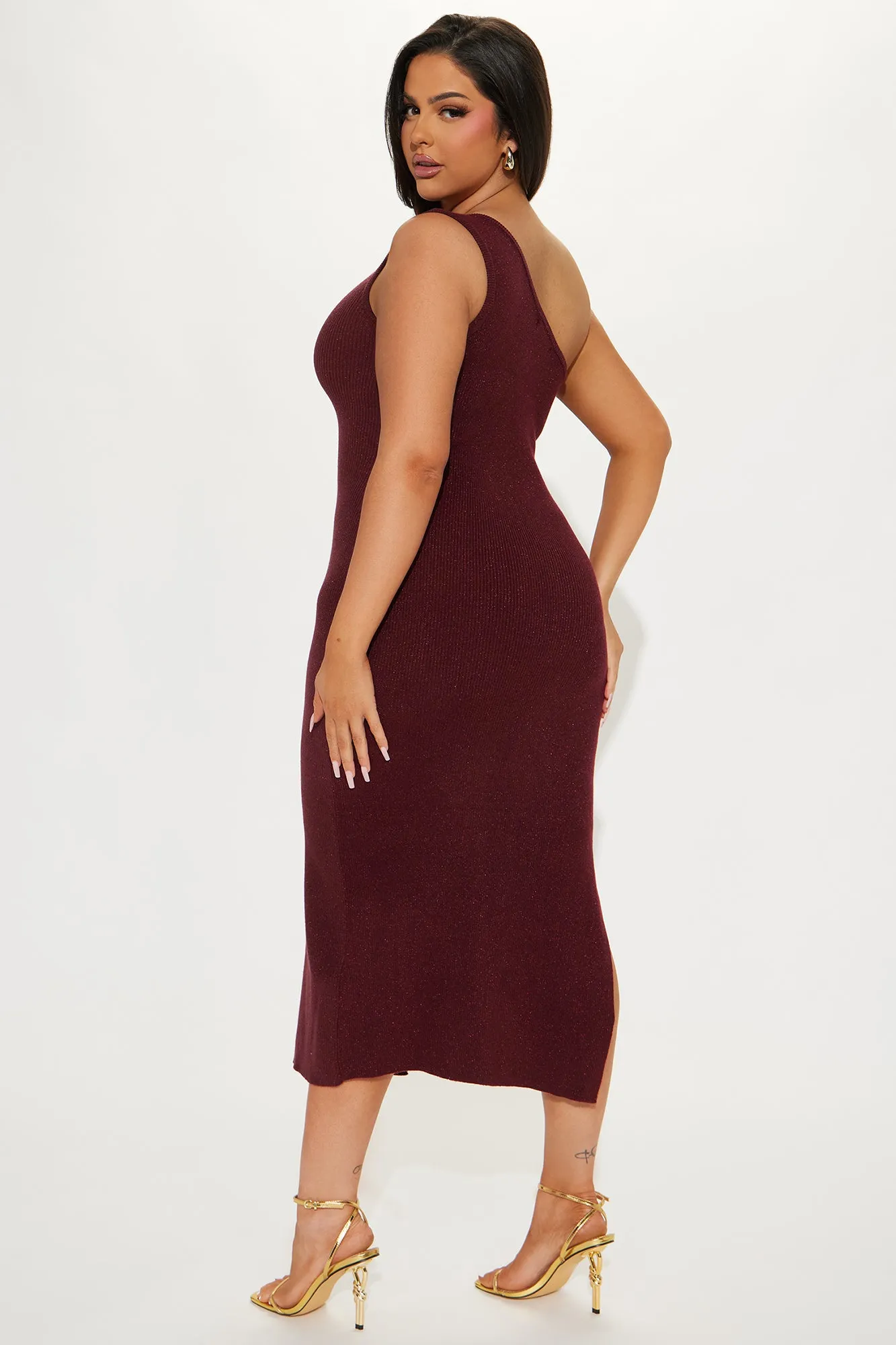 Milena Metallic Sweater Midi Dress - Wine