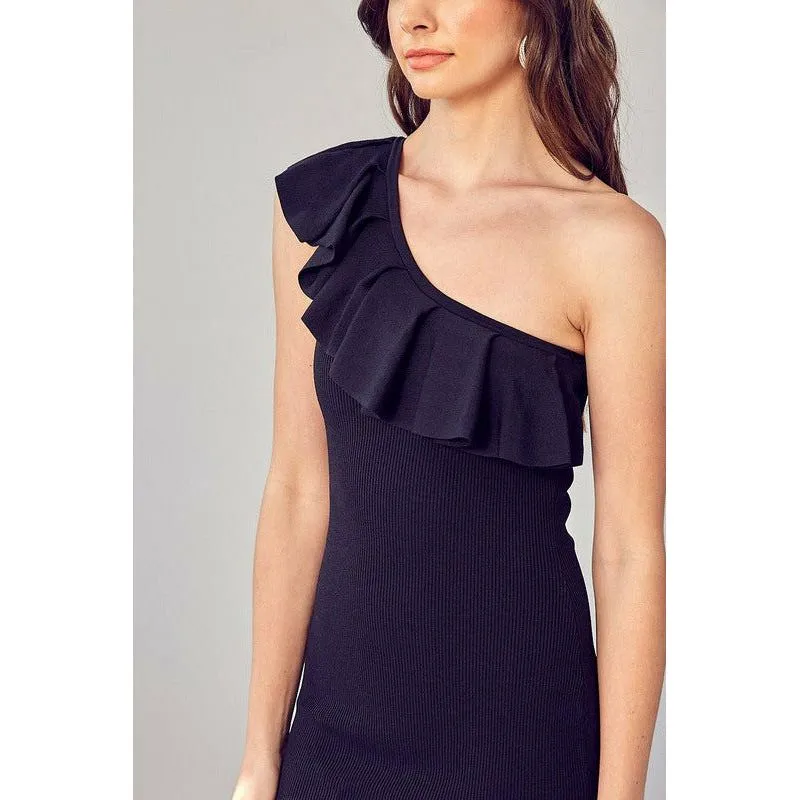 One Shoulder Ruffle Trim Mini Party Dress