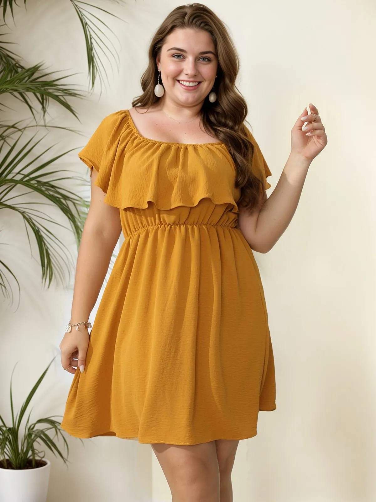 [Plus Size] 1950s Solid Ruffle Neck Off Shoulder Dress