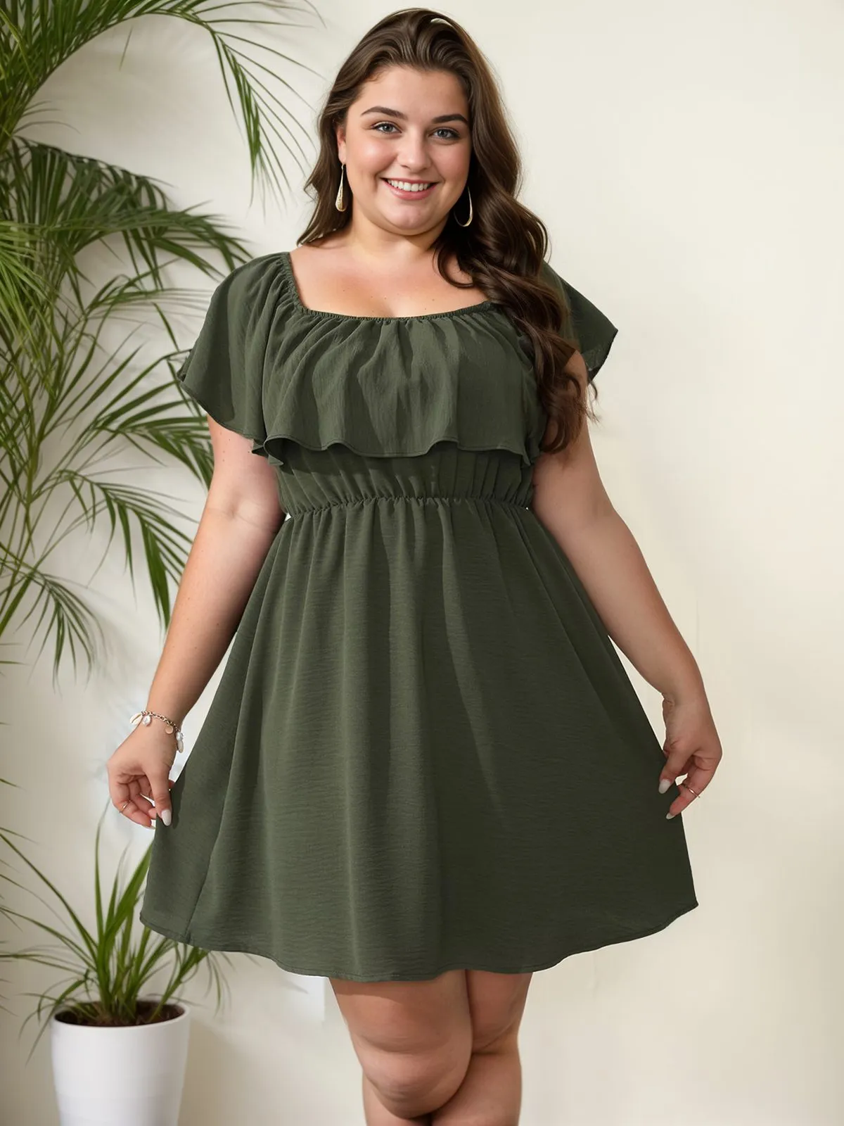 [Plus Size] 1950s Solid Ruffle Neck Off Shoulder Dress