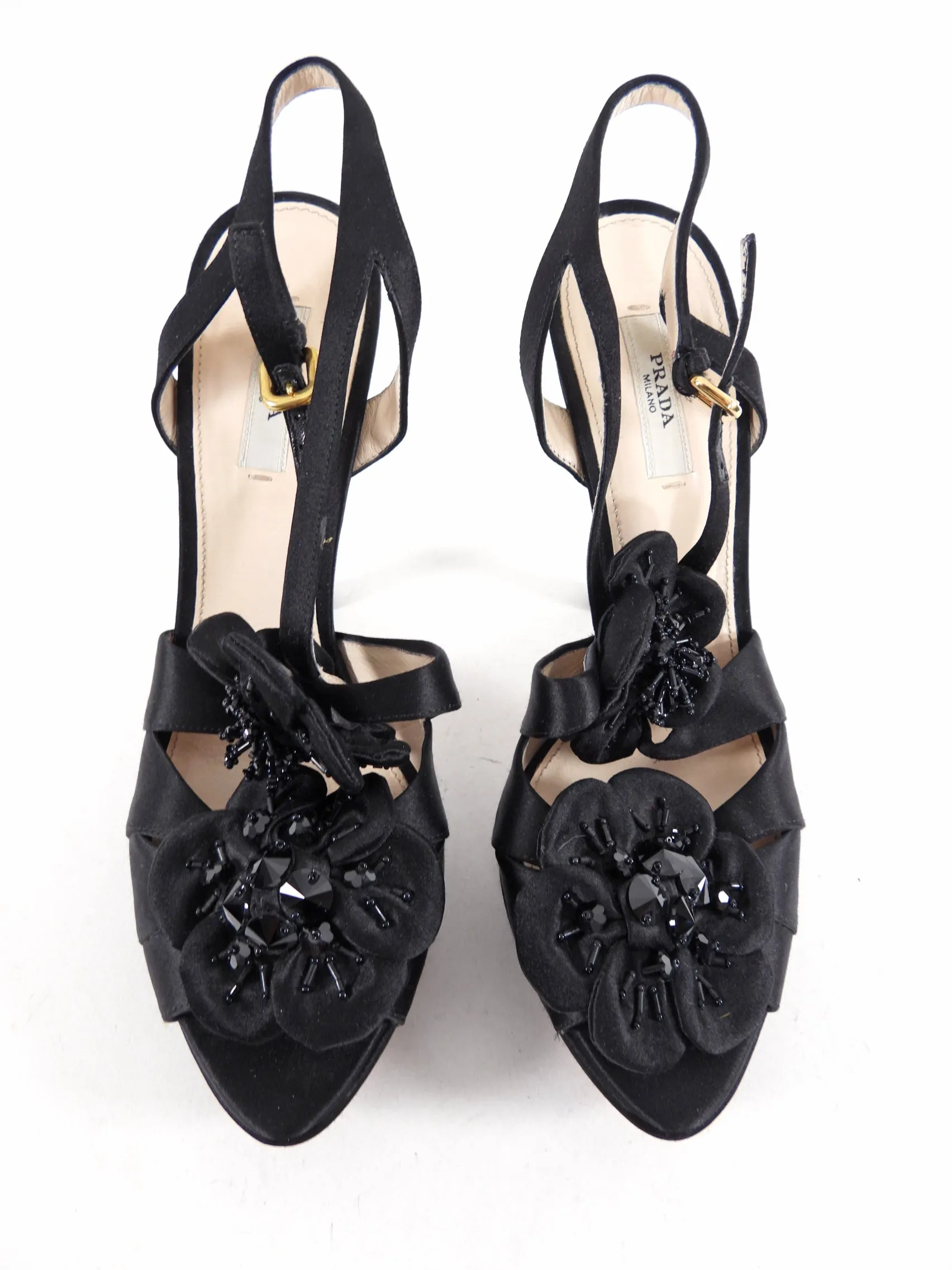 Prada Black Satin Beaded Platform High Heels - 39