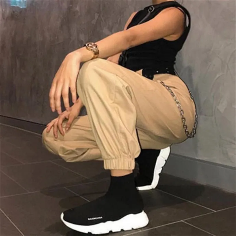 S-2XL Plus Size Pants Women Casual High Waist Cargo Pants Women Loose Solid Black Khaki Trousers Pockets Elastic Waist Bottoms