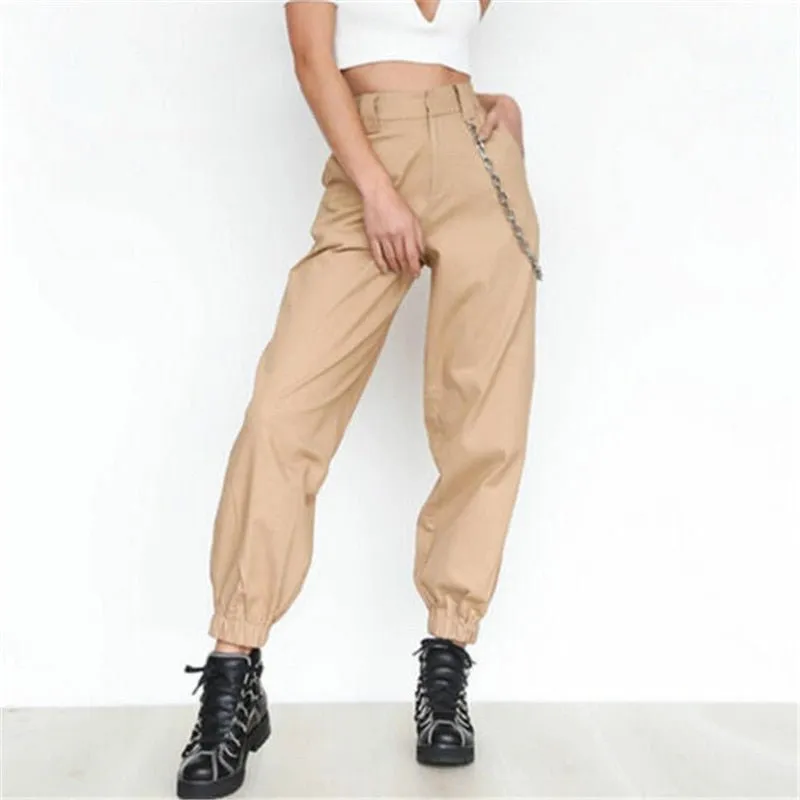 S-2XL Plus Size Pants Women Casual High Waist Cargo Pants Women Loose Solid Black Khaki Trousers Pockets Elastic Waist Bottoms