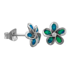 Sterling Silver Synthetic Blue Opal 8mm Plumeria Earrings