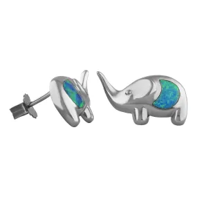 Sterling Silver Synthetic Blue Opal Elephant Stud Earrings