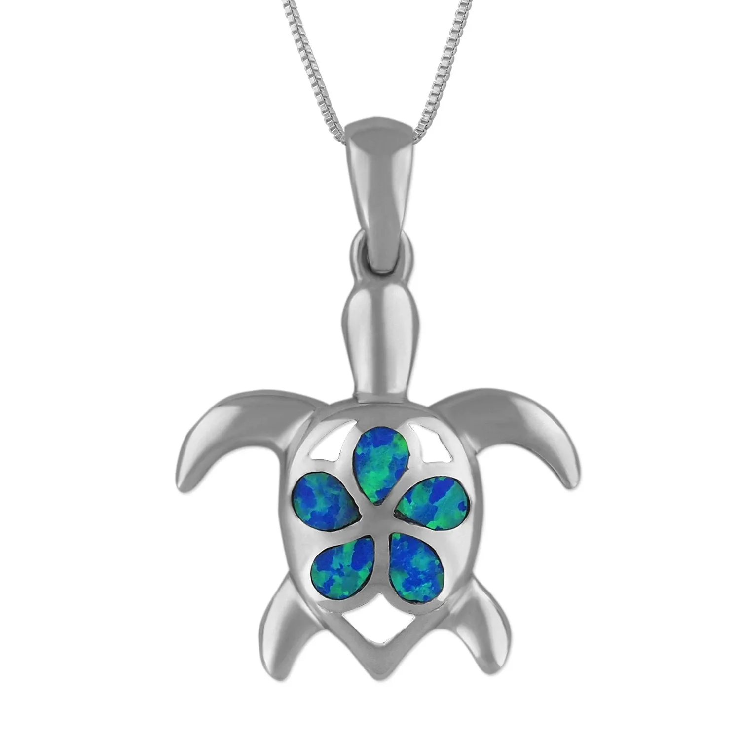 Sterling Silver Synthetic Opal Turtle Plumeria Pendant Necklace