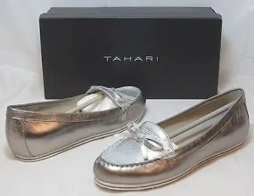 TAHARI Women's Sadie Boat Shoe - Silver Leather - Sz 6.5M - MSRP $98