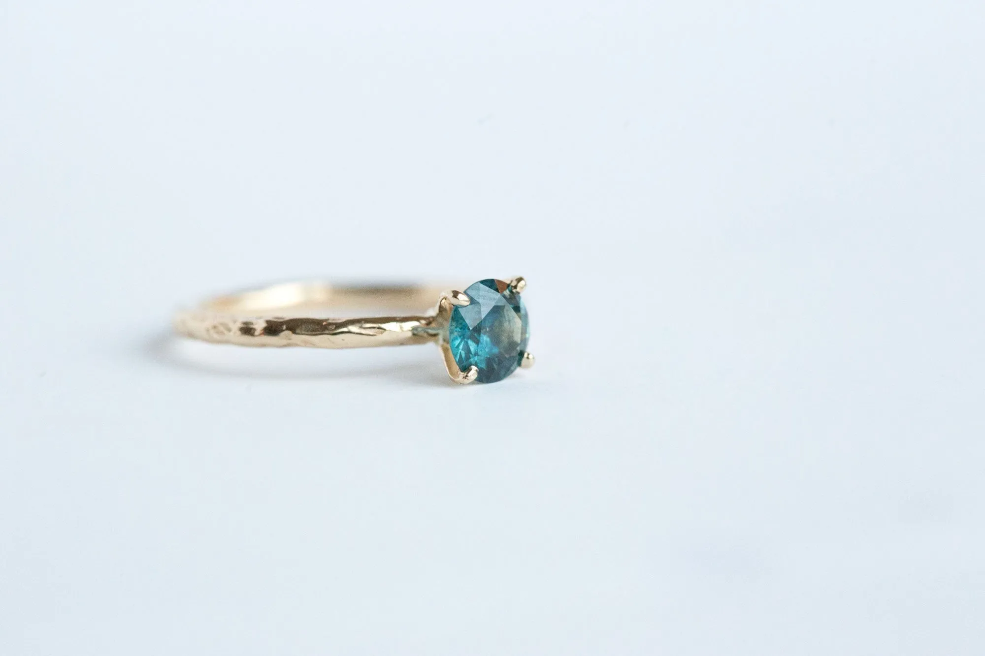 Teal Blue Montana Sapphire Solitaire Ring - Organic Carved Yellow Gold Prong Setting - Teal Mermaid Sapphire -  Unique Engagement Ring by Anueva