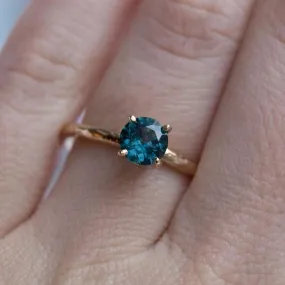 Teal Blue Montana Sapphire Solitaire Ring - Organic Carved Yellow Gold Prong Setting - Teal Mermaid Sapphire -  Unique Engagement Ring by Anueva