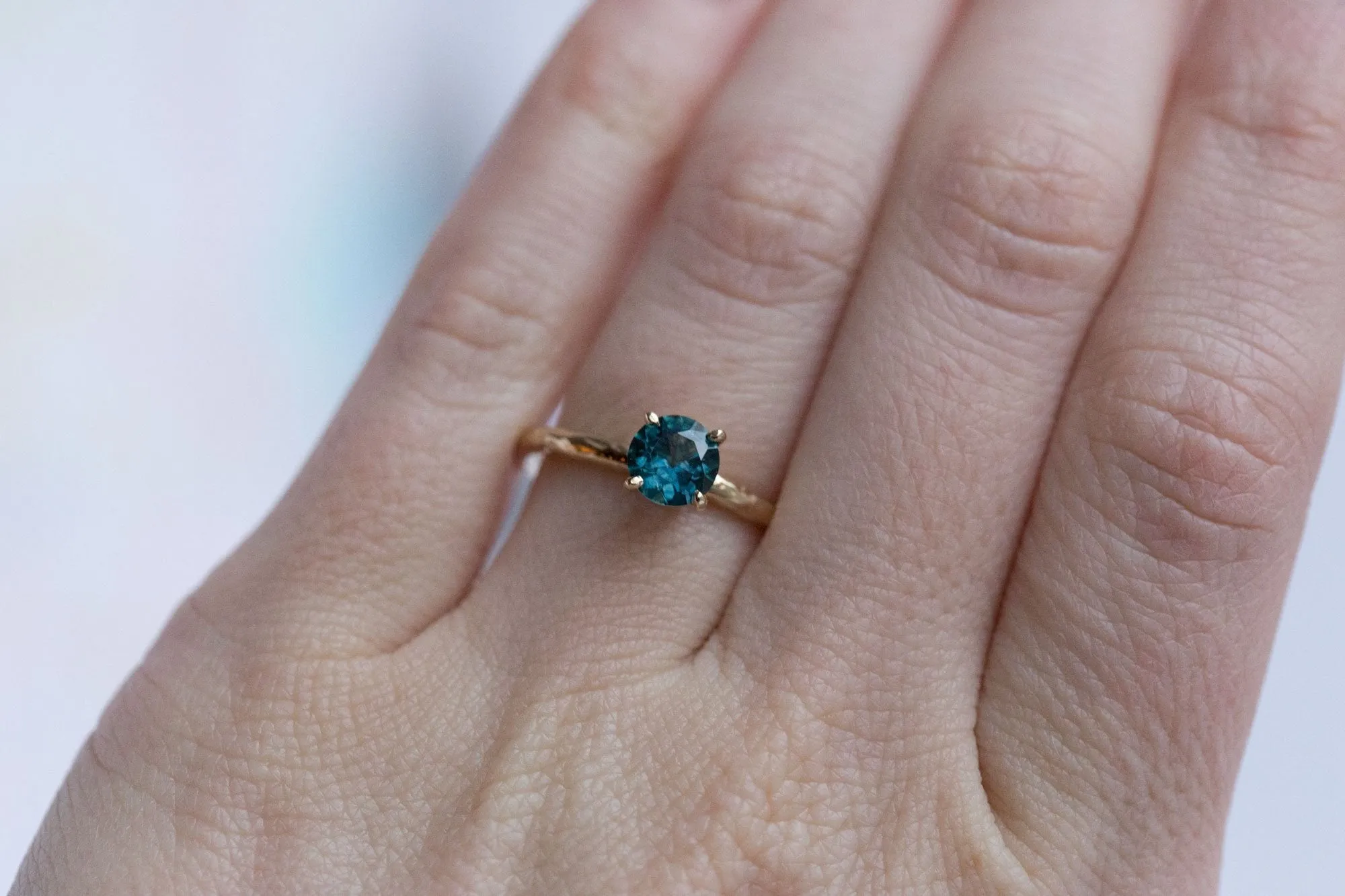 Teal Blue Montana Sapphire Solitaire Ring - Organic Carved Yellow Gold Prong Setting - Teal Mermaid Sapphire -  Unique Engagement Ring by Anueva