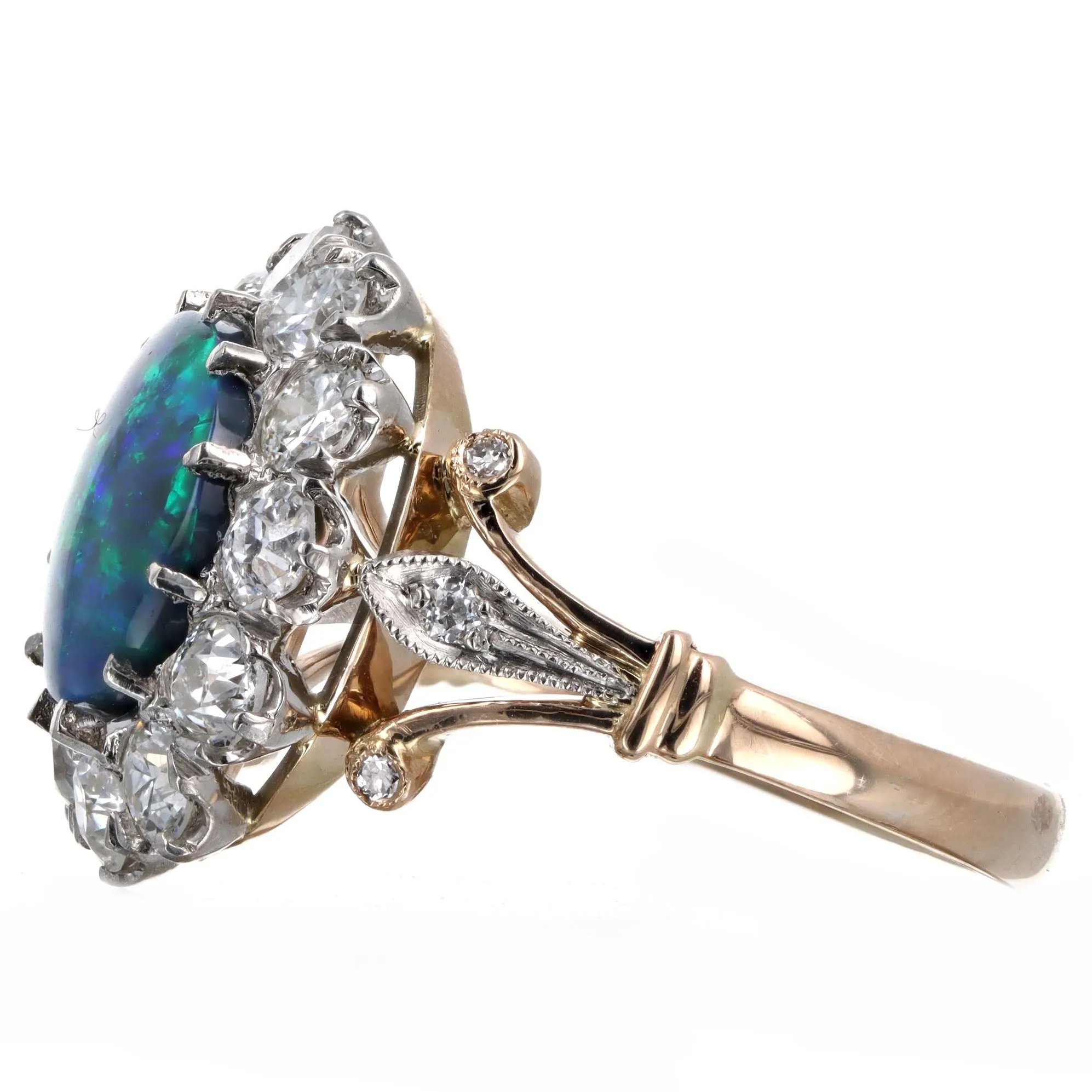 Victorian Inspired 1.40 Carat Black Opal & Old European Diamond Halo Ring in 18K Yellow Gold