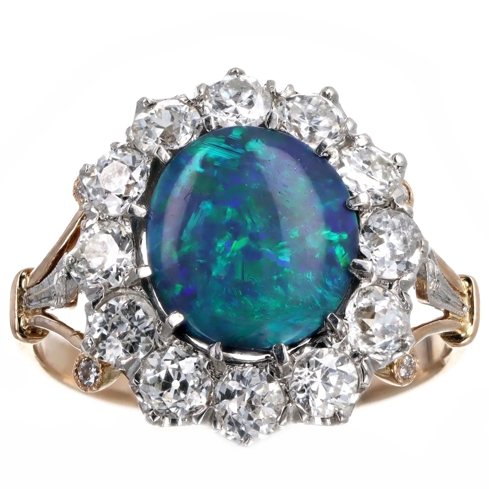 Victorian Inspired 1.40 Carat Black Opal & Old European Diamond Halo Ring in 18K Yellow Gold