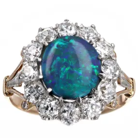 Victorian Inspired 1.40 Carat Black Opal & Old European Diamond Halo Ring in 18K Yellow Gold