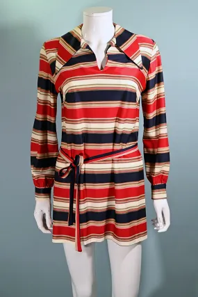 Vintage 60s Micro Mini Shift Dress w/Belt, Striped Mini Dress S