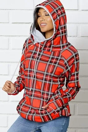 Womens Red Plaid Hoodie | Long Sleeve Shirt | Hooded Sweatshirt