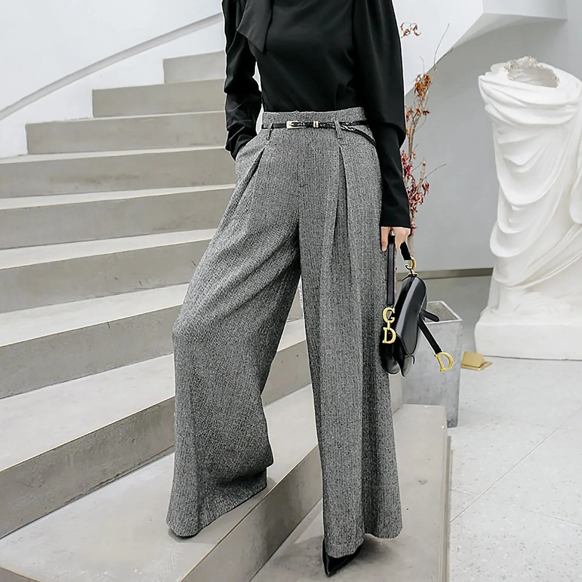 Wool Blend High Waist Wide Leg Pants