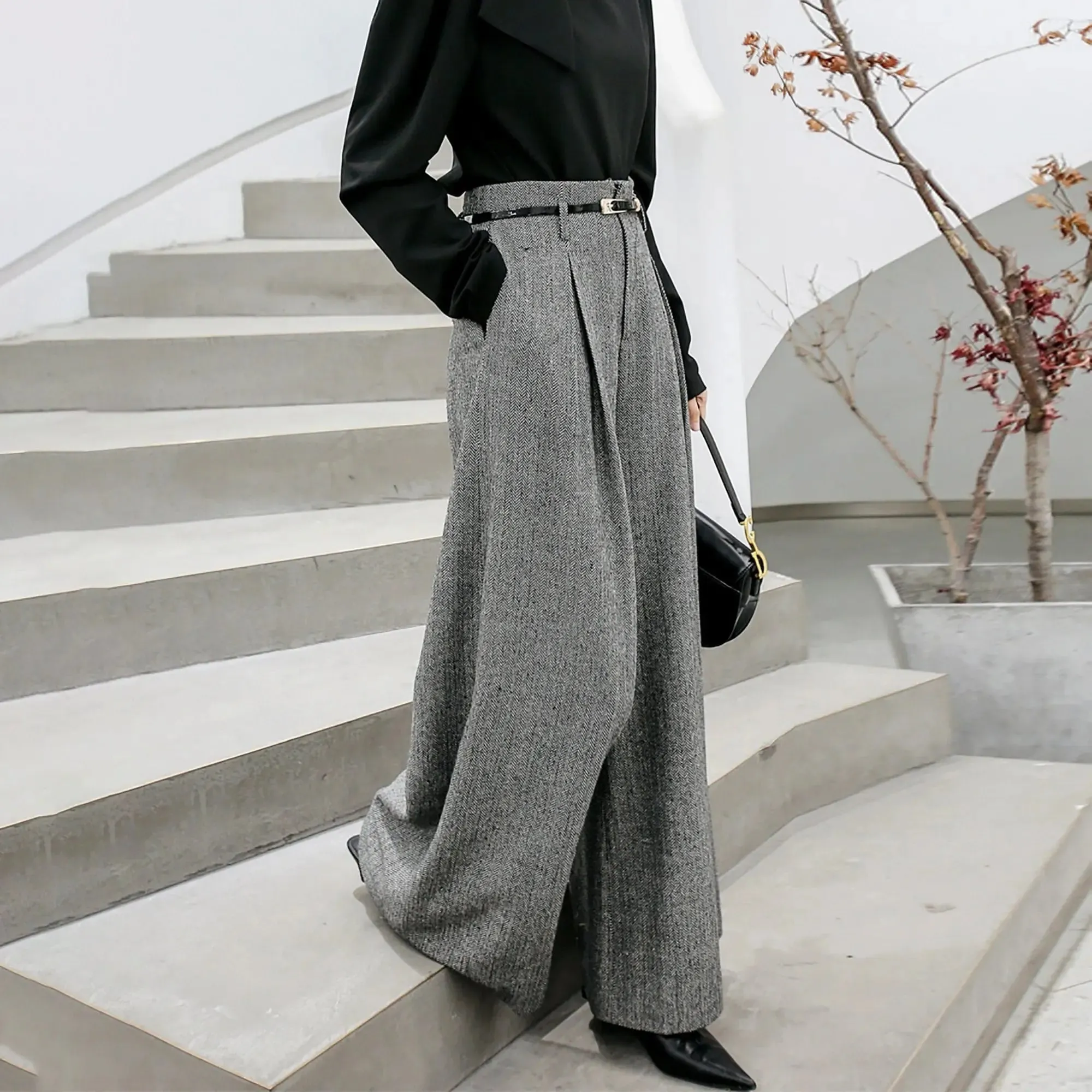 Wool Blend High Waist Wide Leg Pants